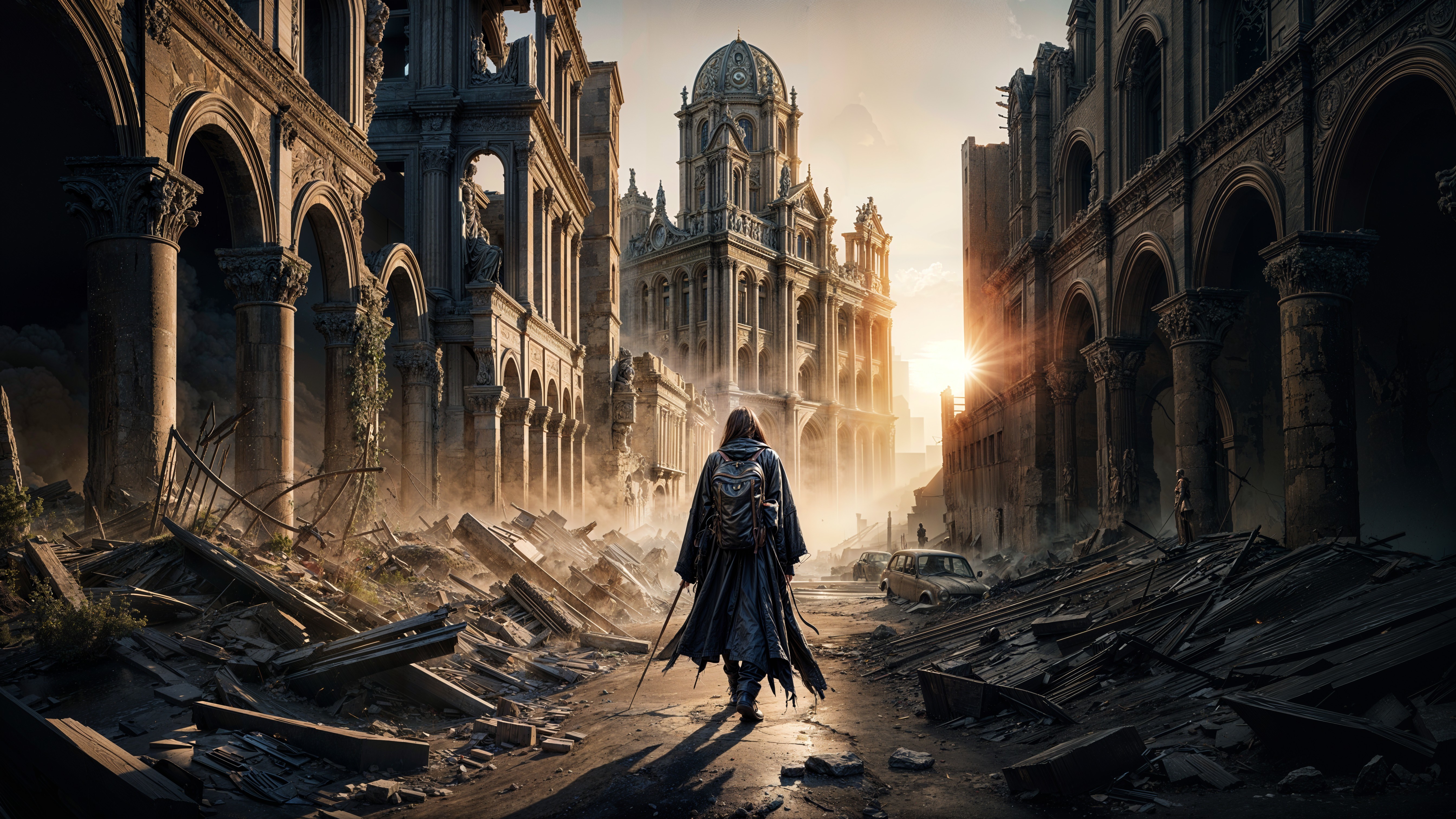 Lone Figure in Ruins of a Once-Grand City