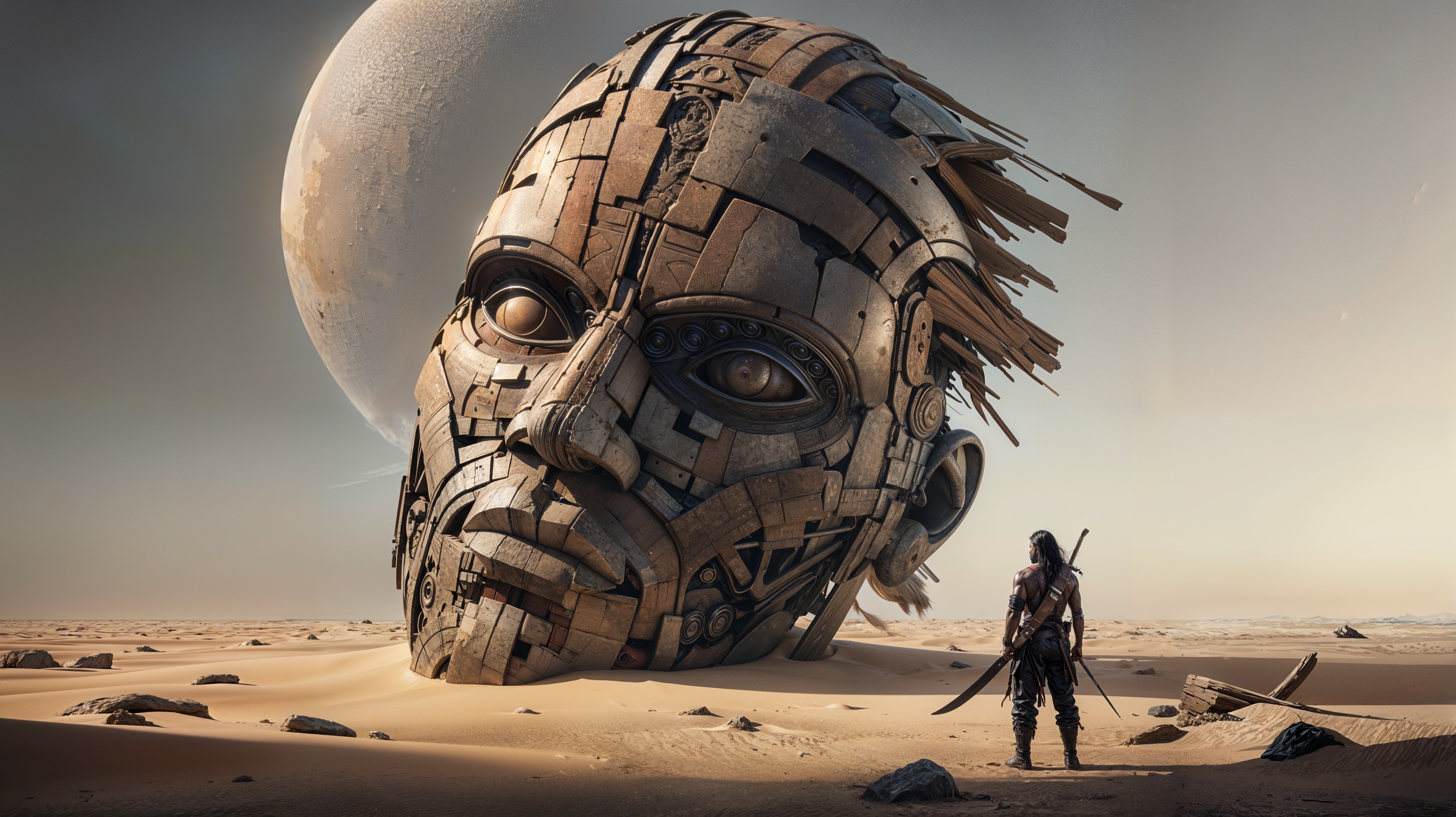 Colossal Metal Face Sculpture in Desert Landscape