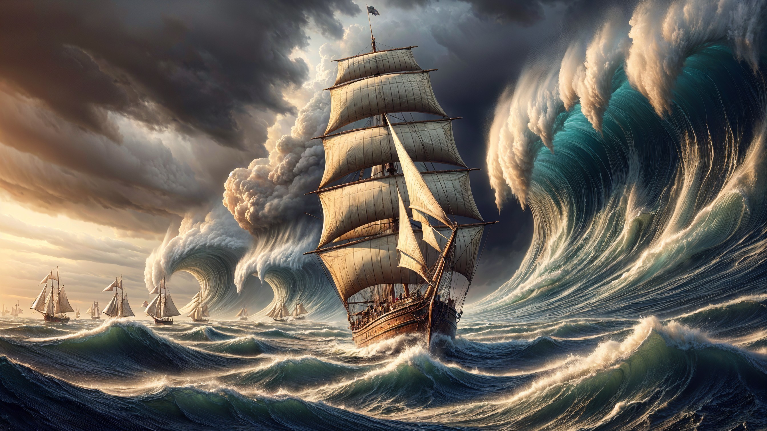 Majestic sailing ship in tumultuous seas and waves
