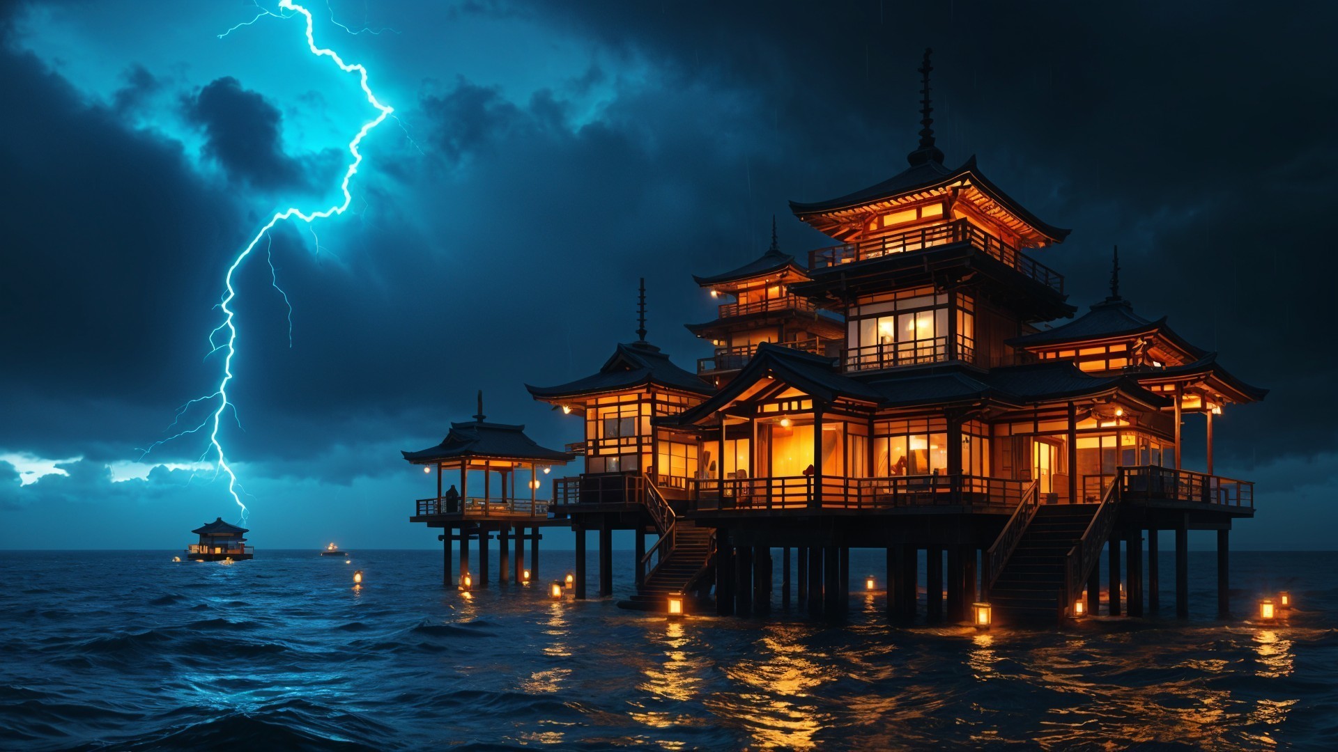Traditional Asian Architecture Over Ocean Storm Scene