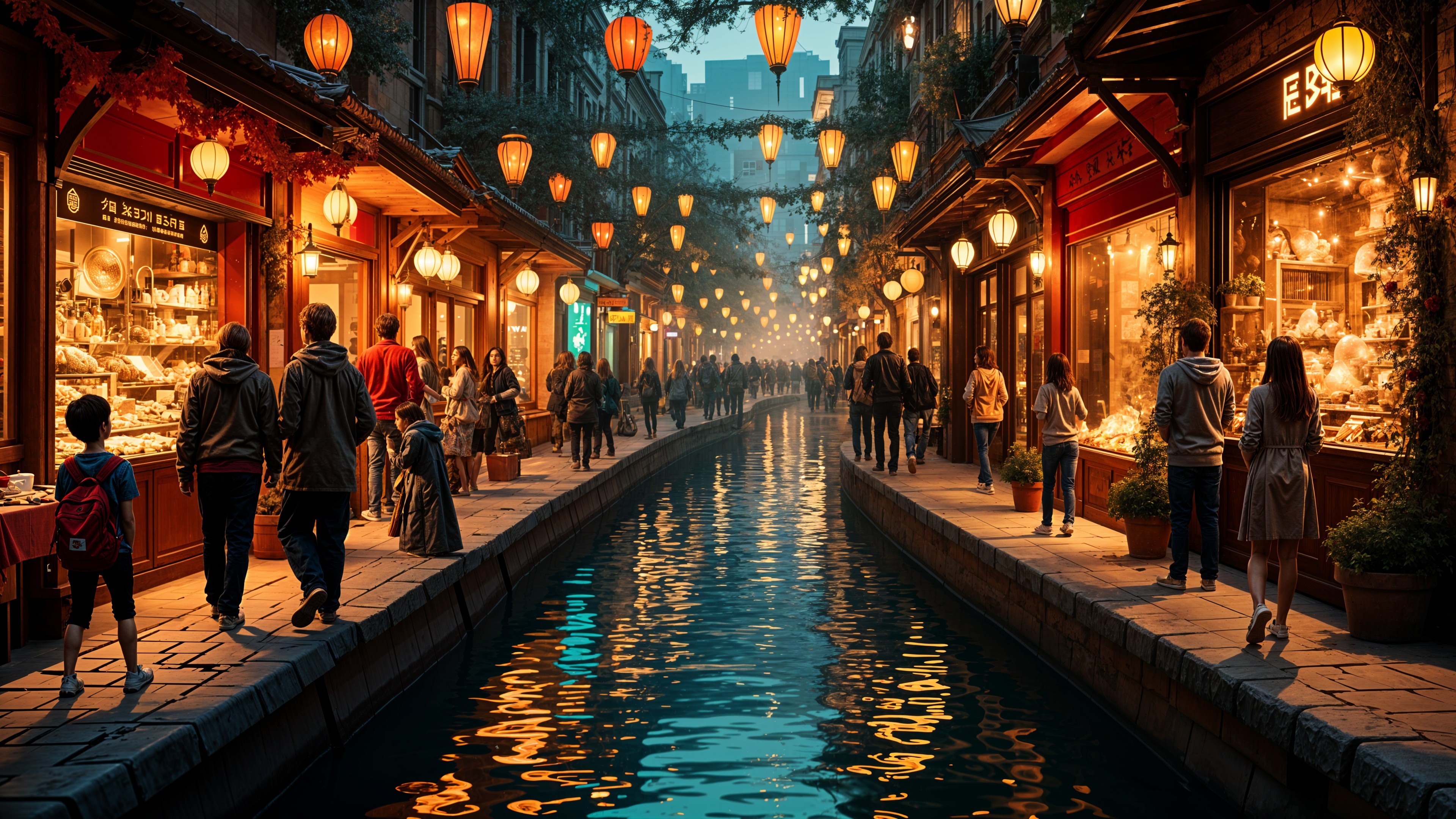 Vibrant Dusk Street Scene with Colorful Lanterns