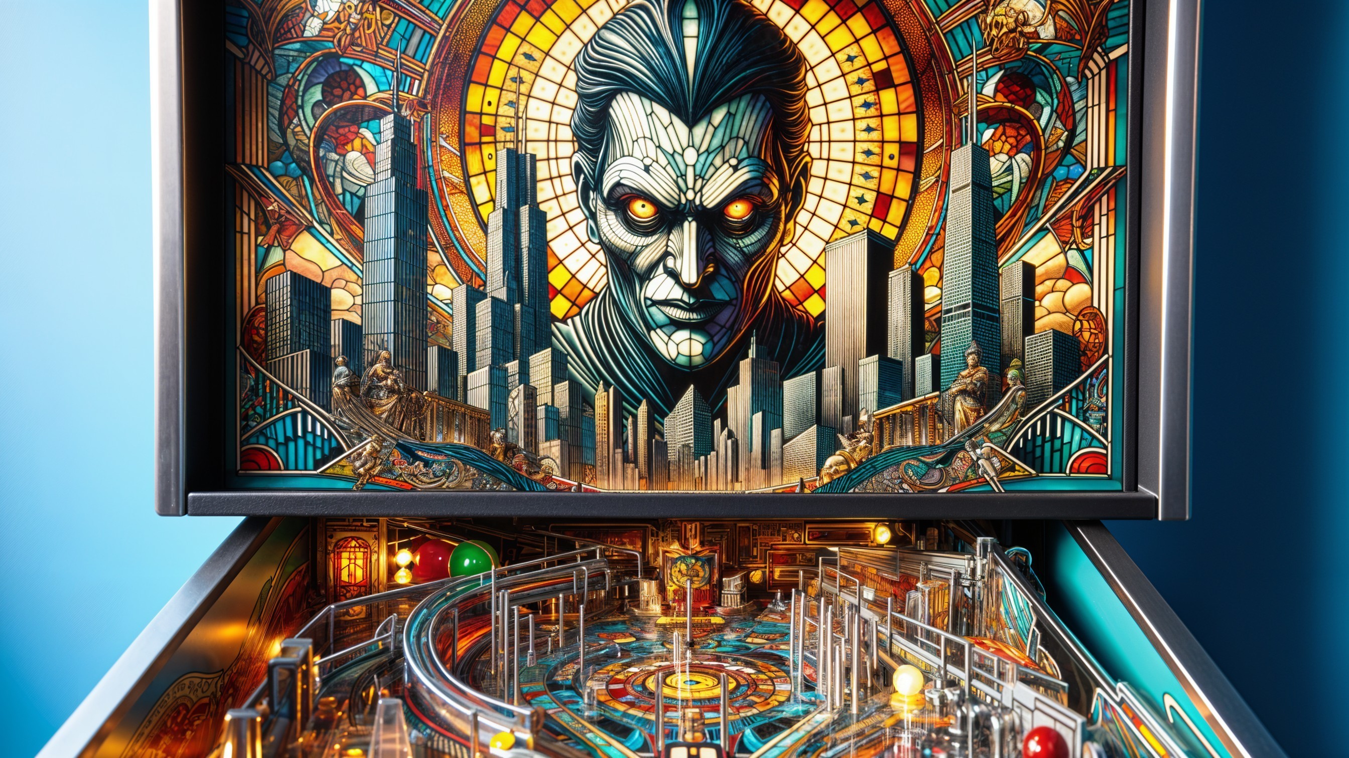 Colorful Pinball Machine with Futuristic City Artwork