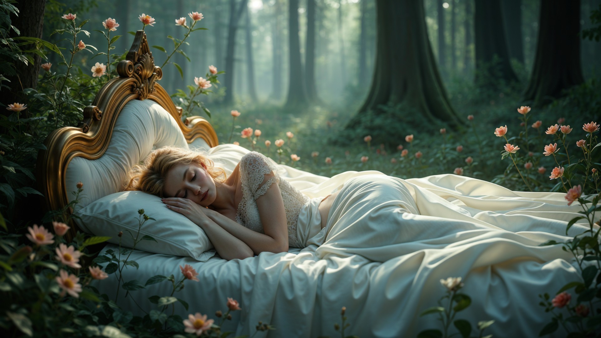 Serene Forest Scene with Young Woman Sleeping
