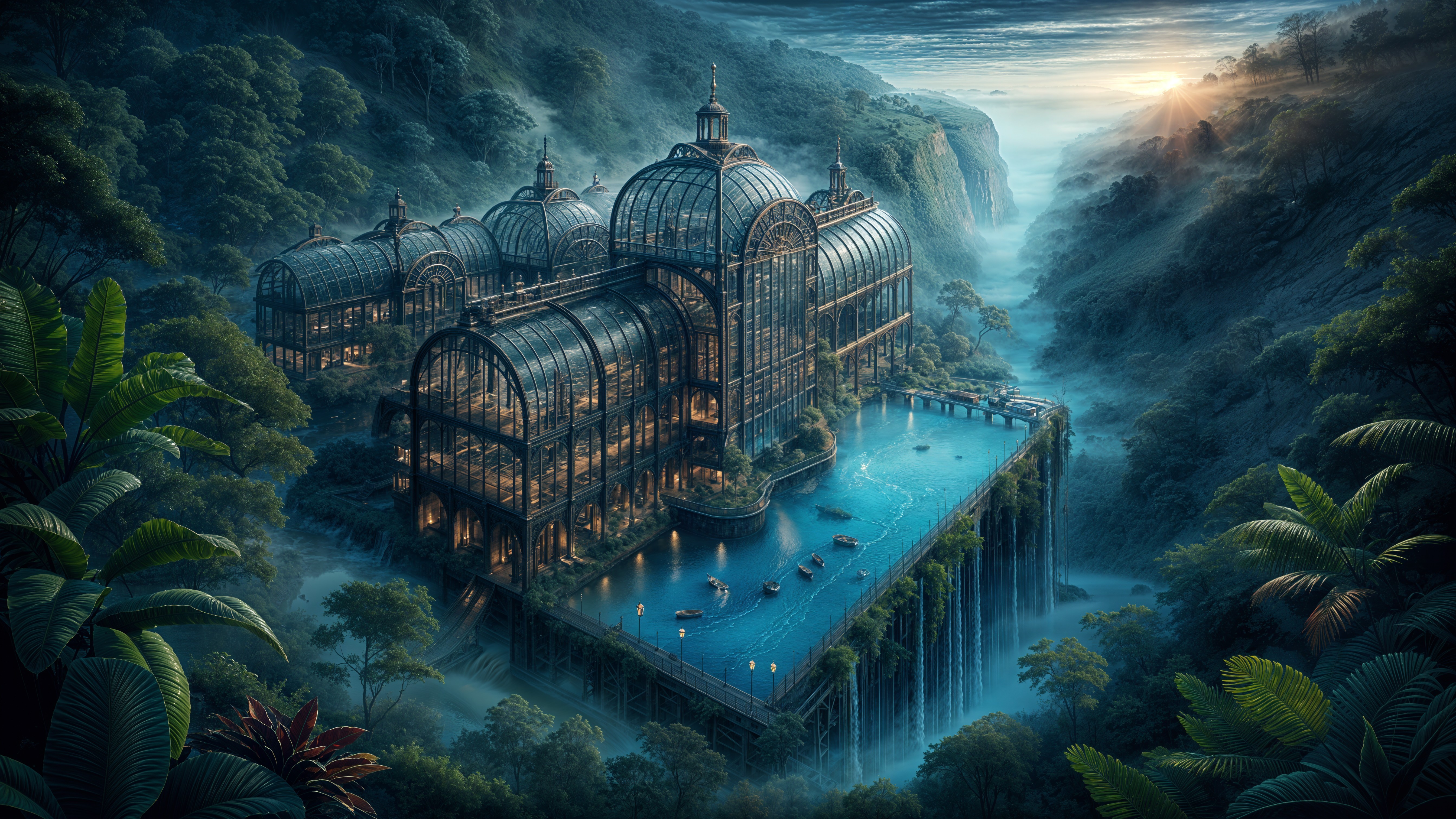 Grand Glass Conservatory Overlooking a Waterfall