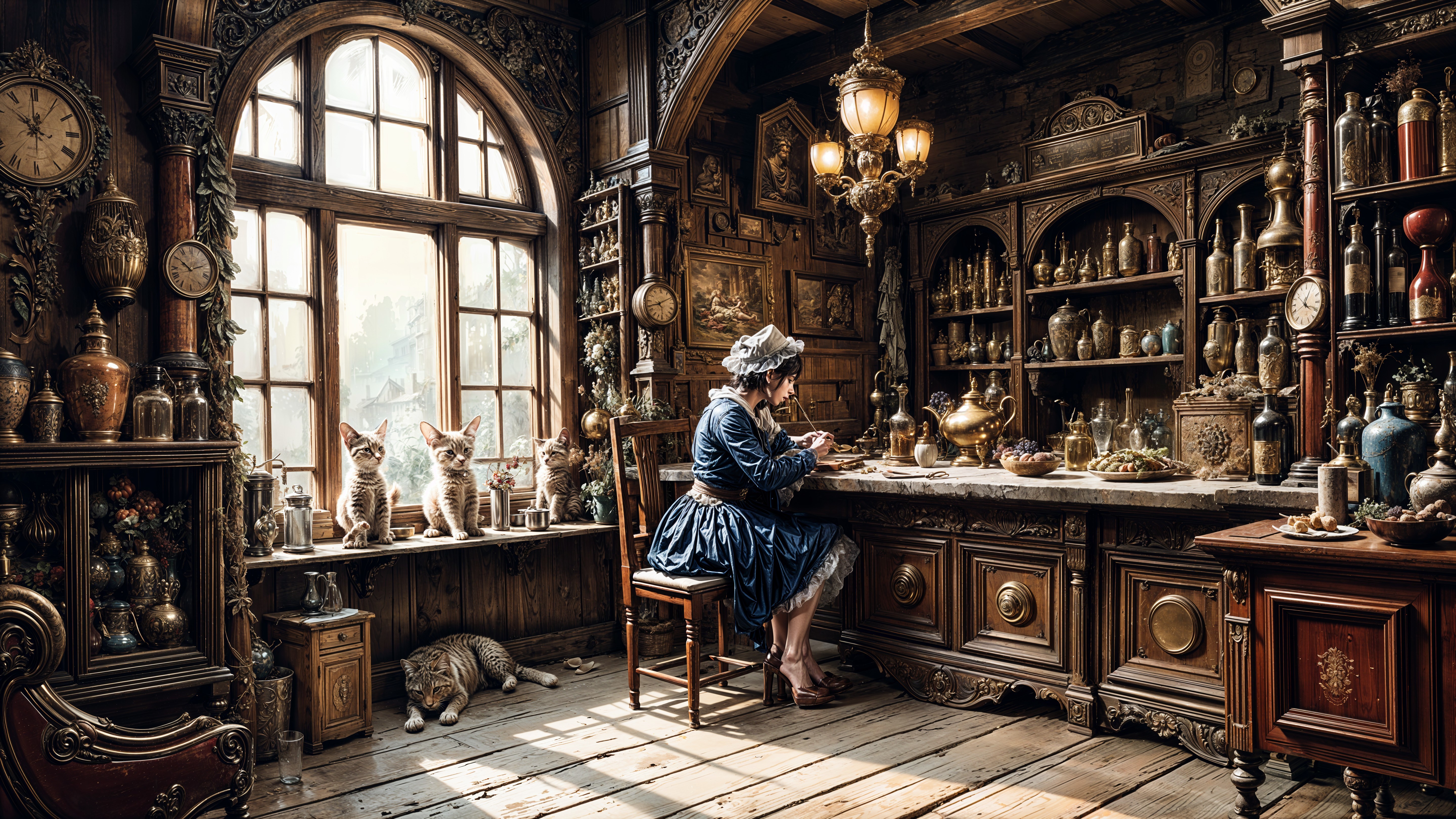 Vintage Room with Antique Clocks and Cats