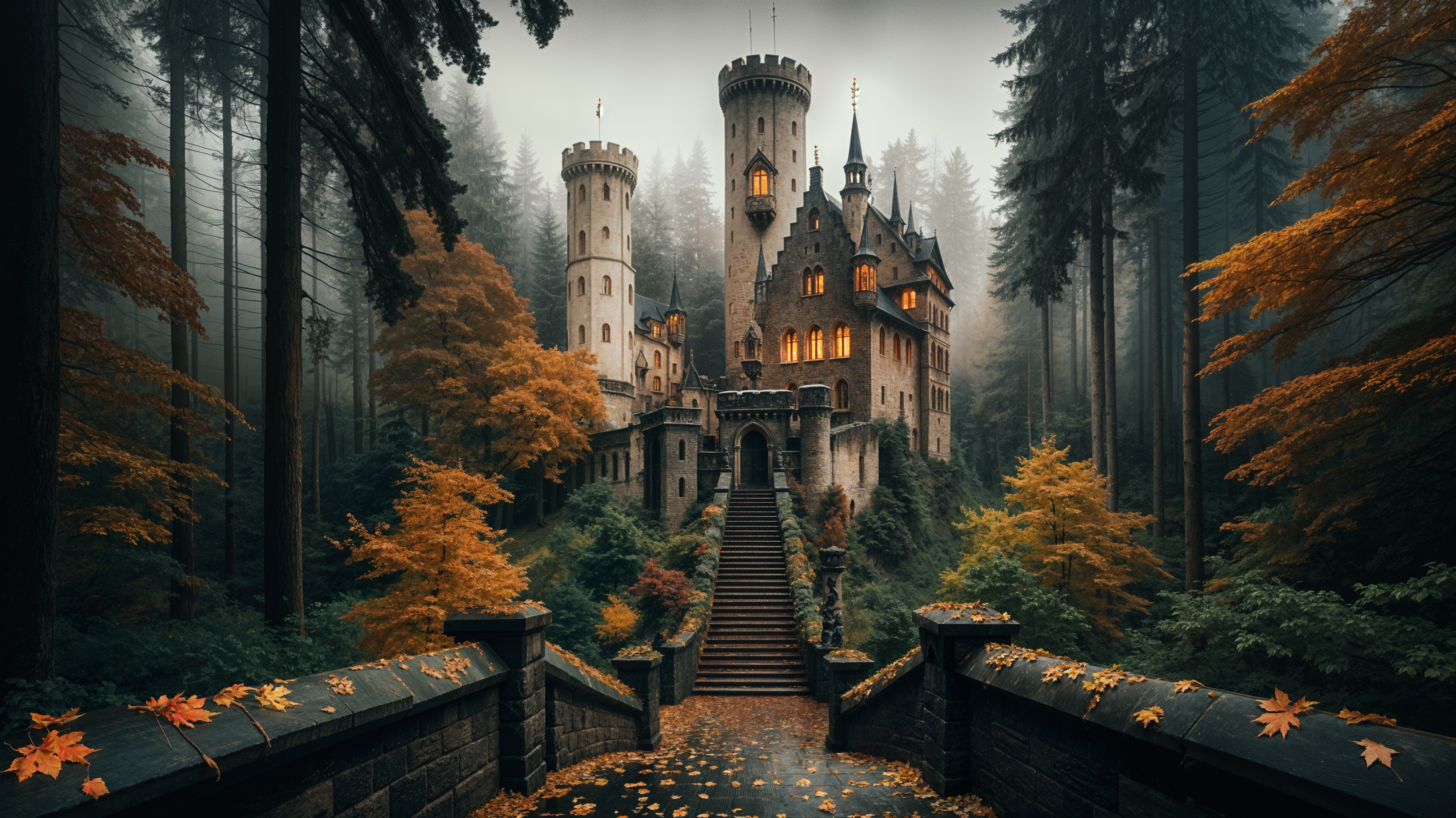 Majestic castle in misty forest with autumn foliage