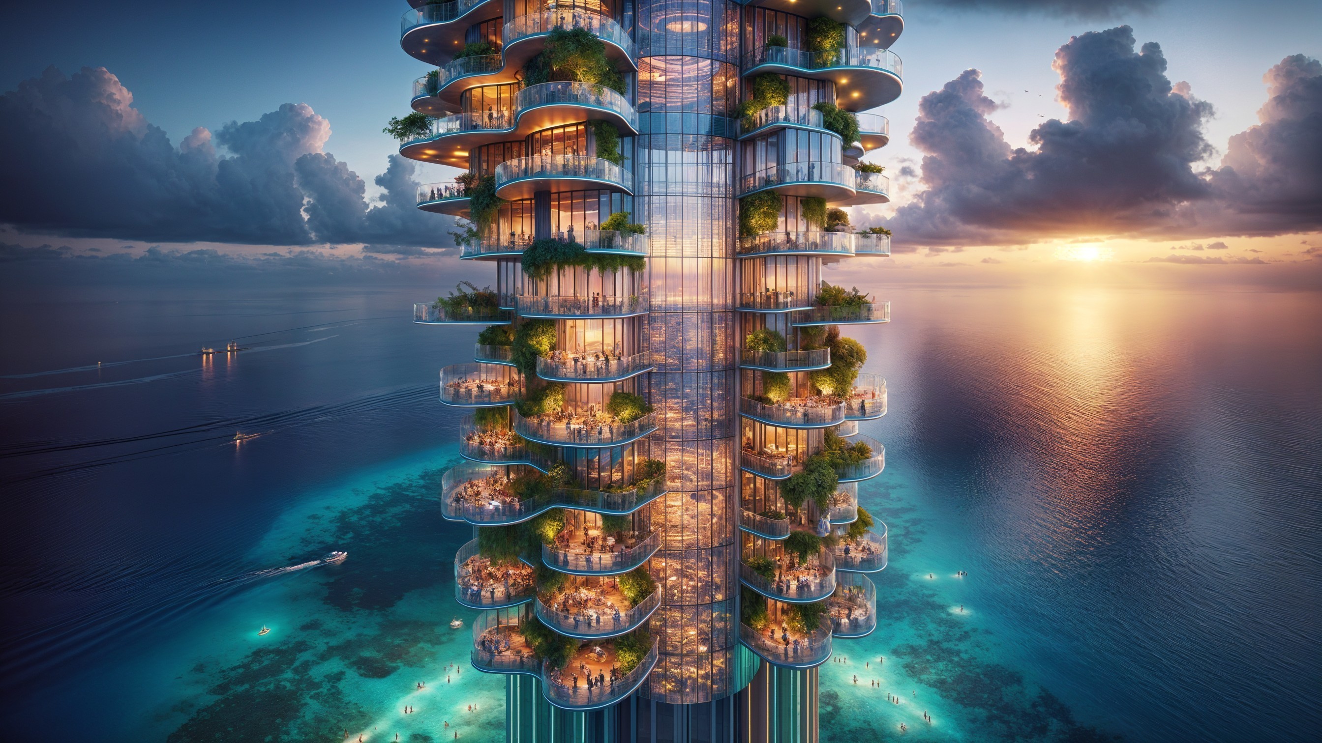Modern Skyscraper with Twisting Design by Ocean