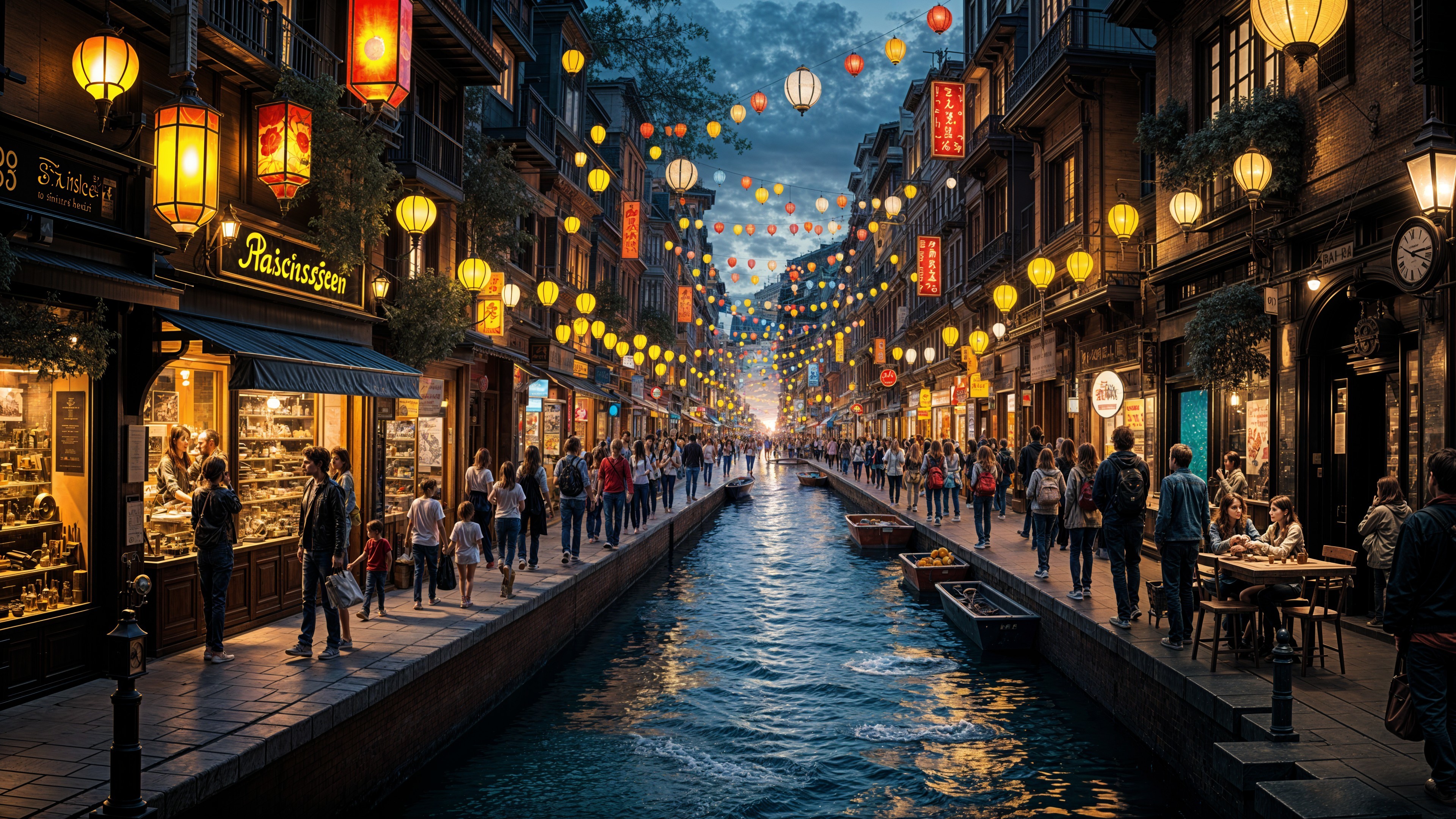 Urban canal scene with shops, restaurants, and boats