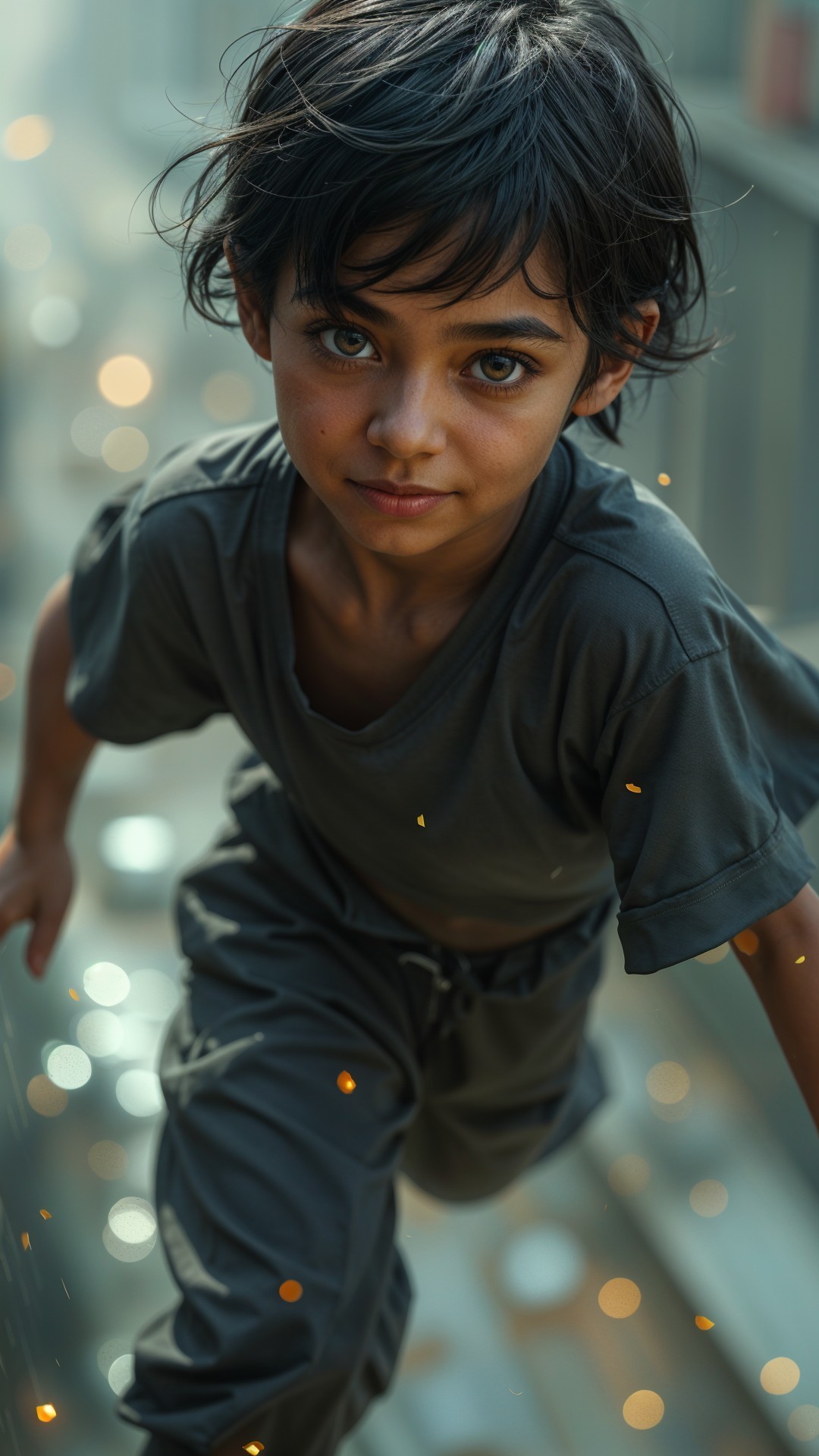 Young Child in Gray Outfit in Playful Exploration