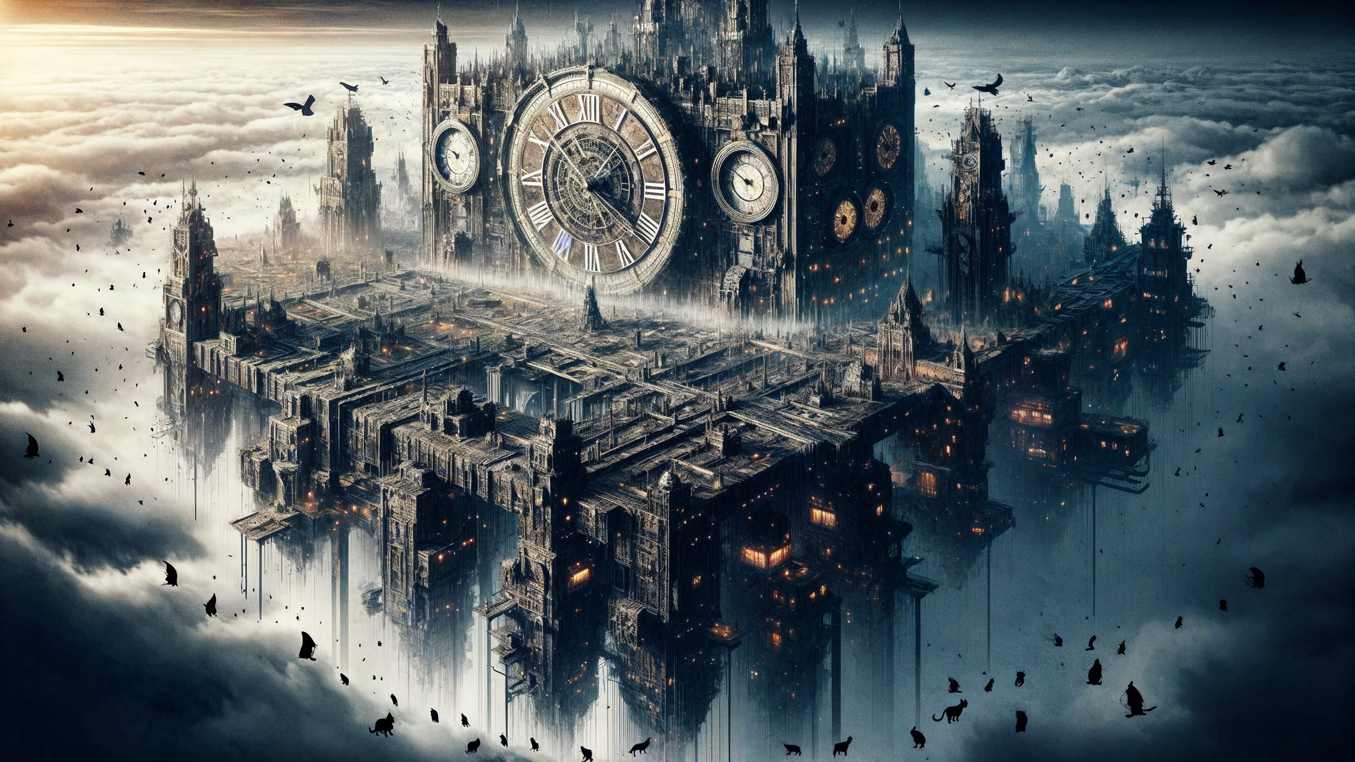 Surreal Floating Cityscape with Clock Tower and Crows