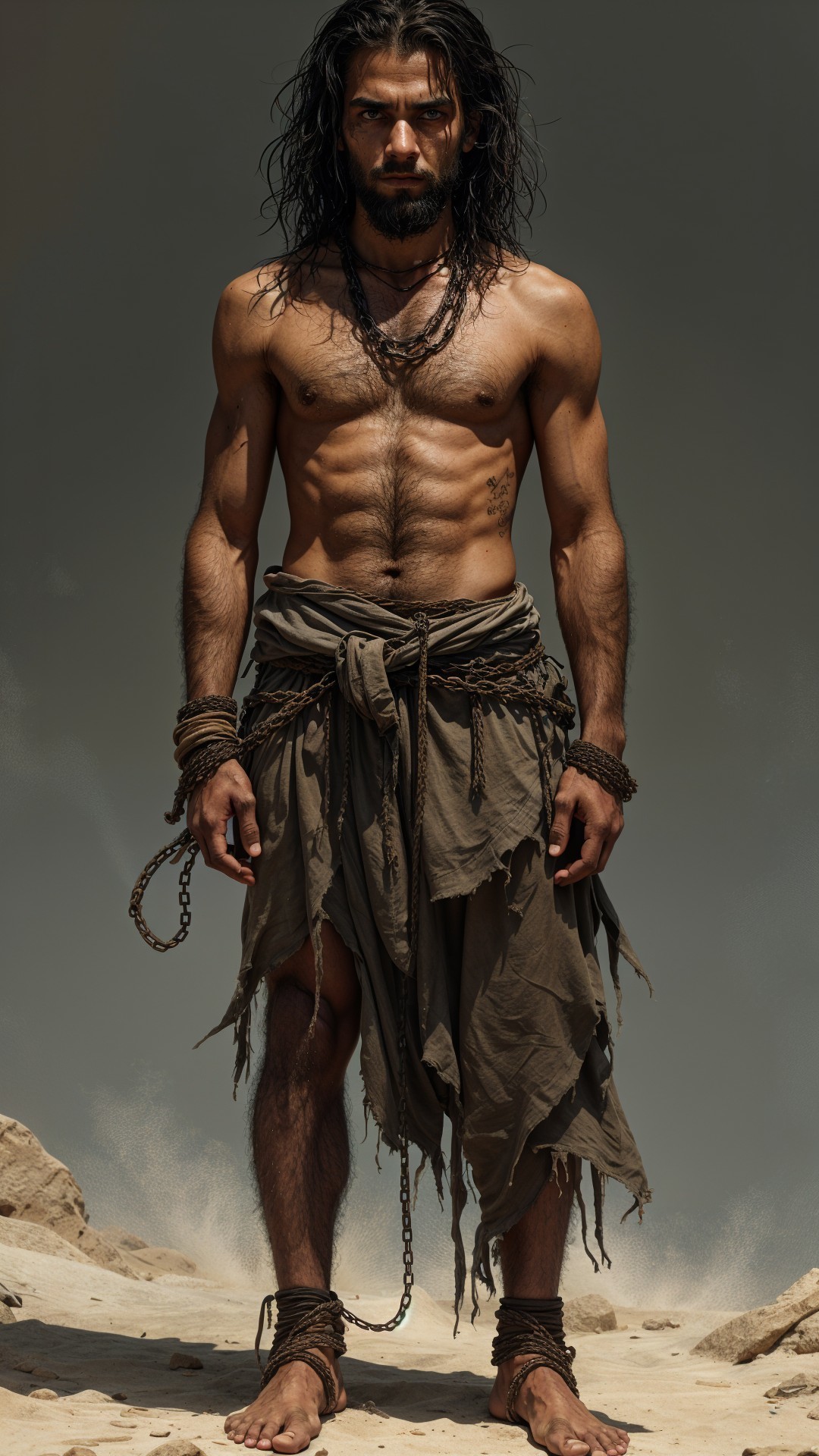 Muscular Man in Earthy Warrior Attire on Sandy Terrain