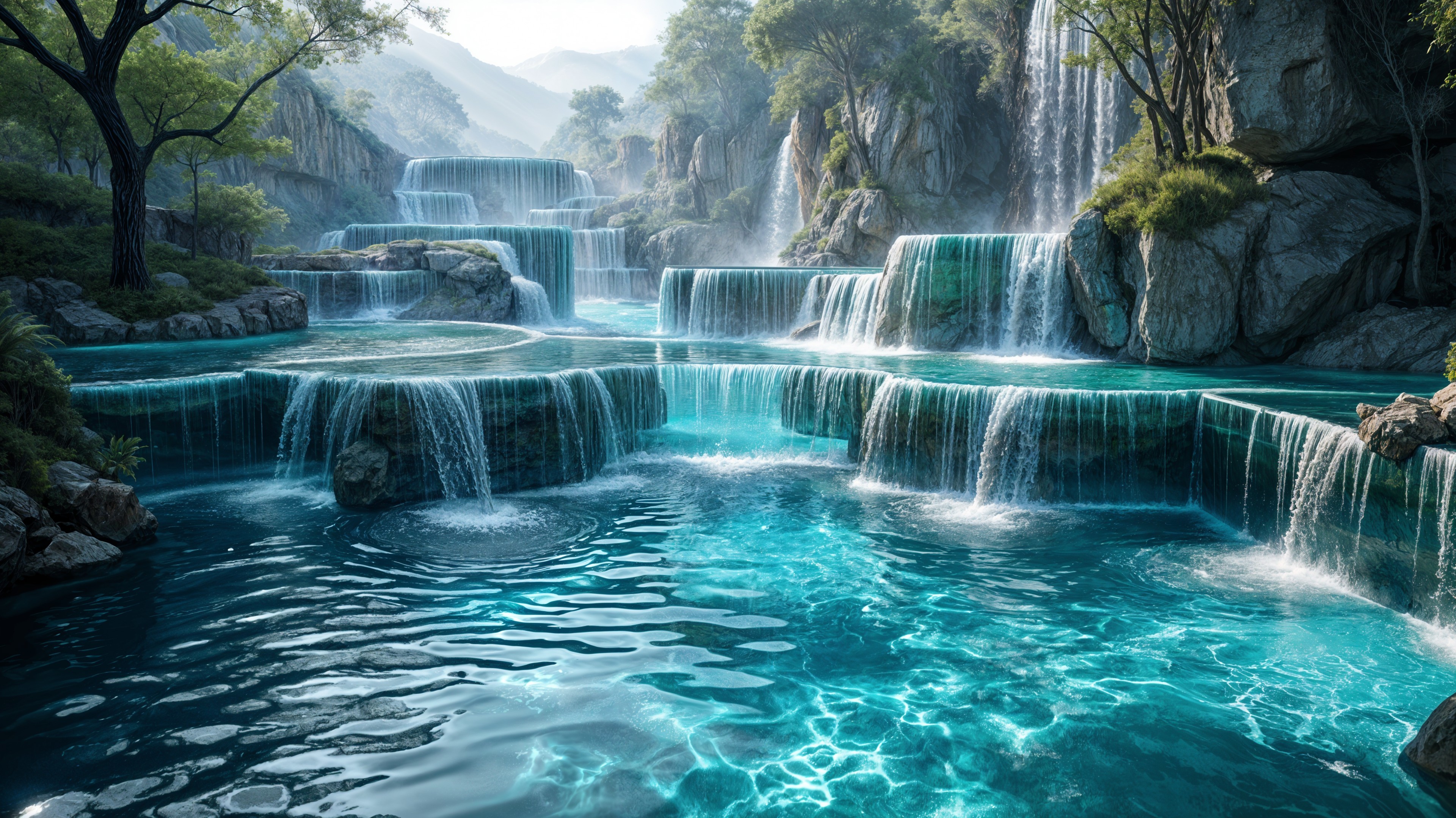 Tranquil Landscape with Waterfalls and Turquoise Pools