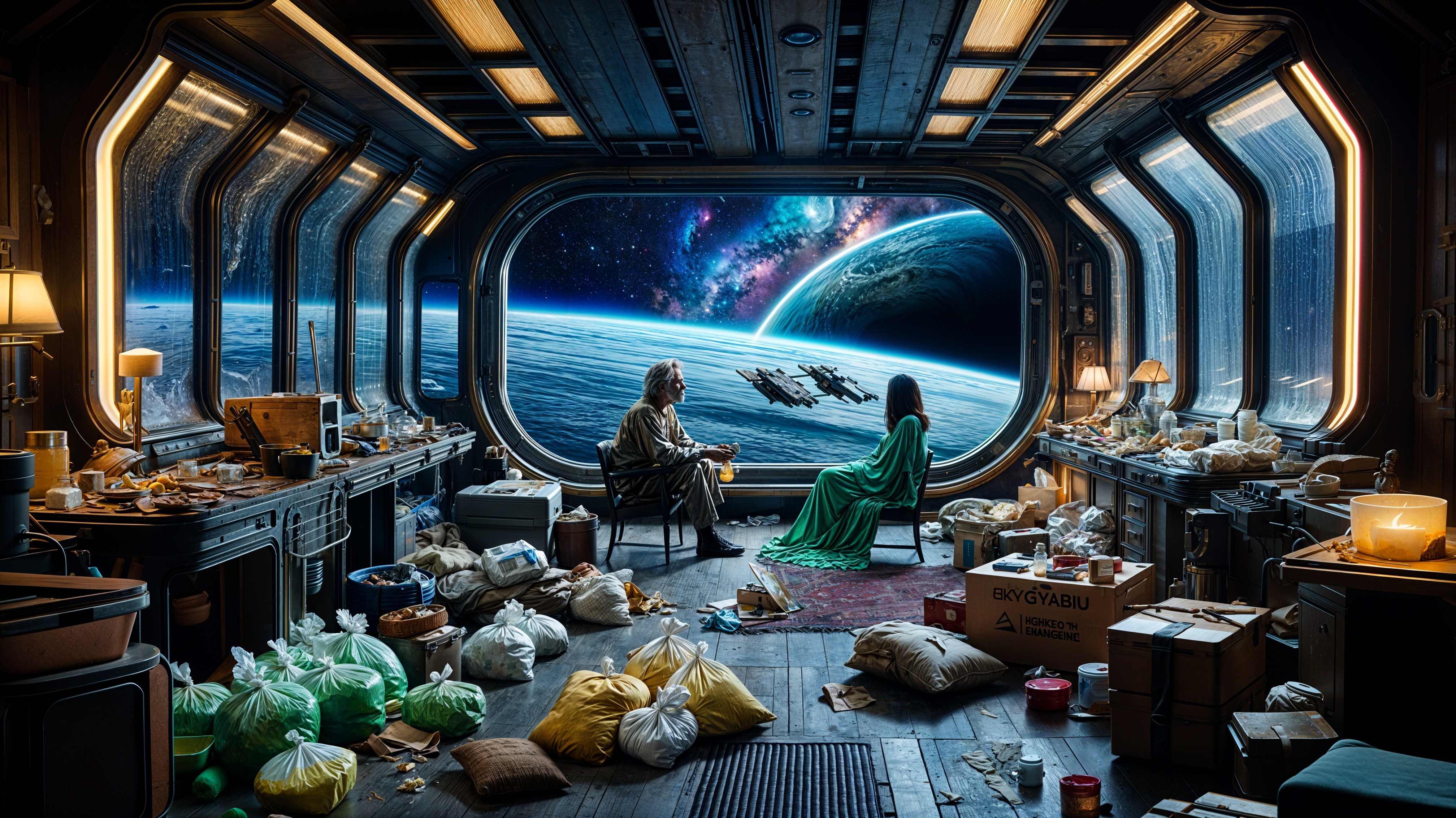 Cluttered Space Station Room with Cosmic View