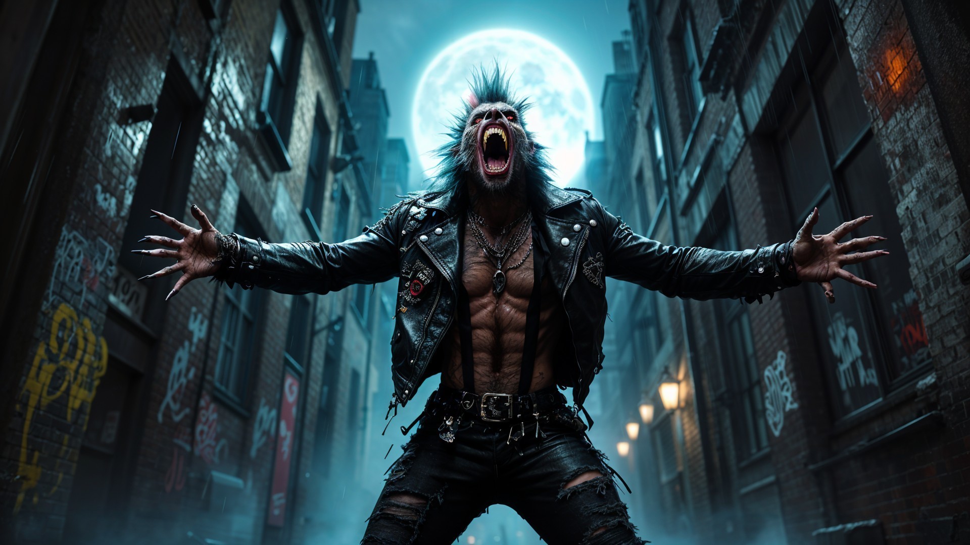 Muscular Figure in Studded Jacket in Misty Alleyway