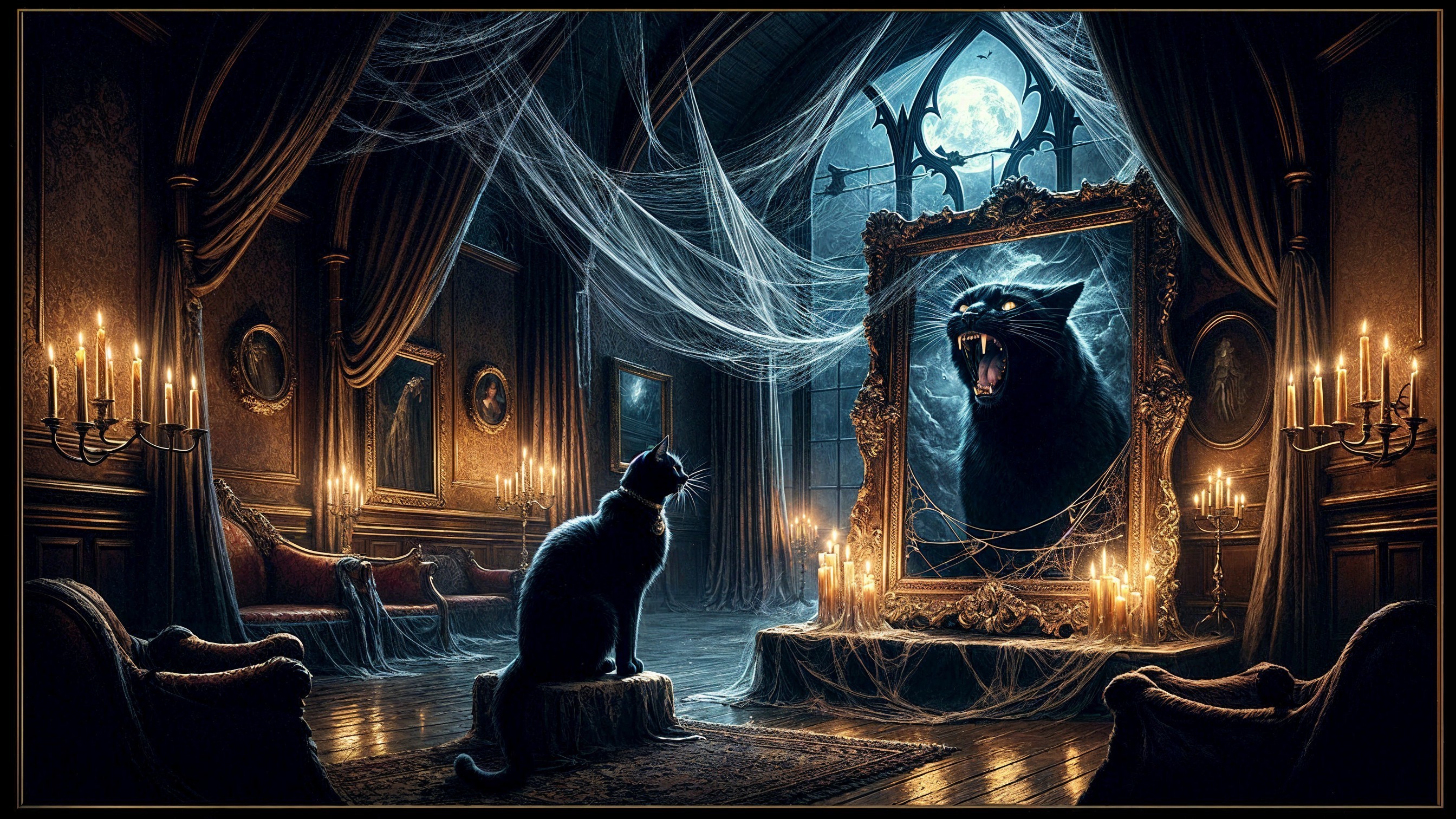 Gothic Room with Black Cat and Cracked Mirror Reflection
