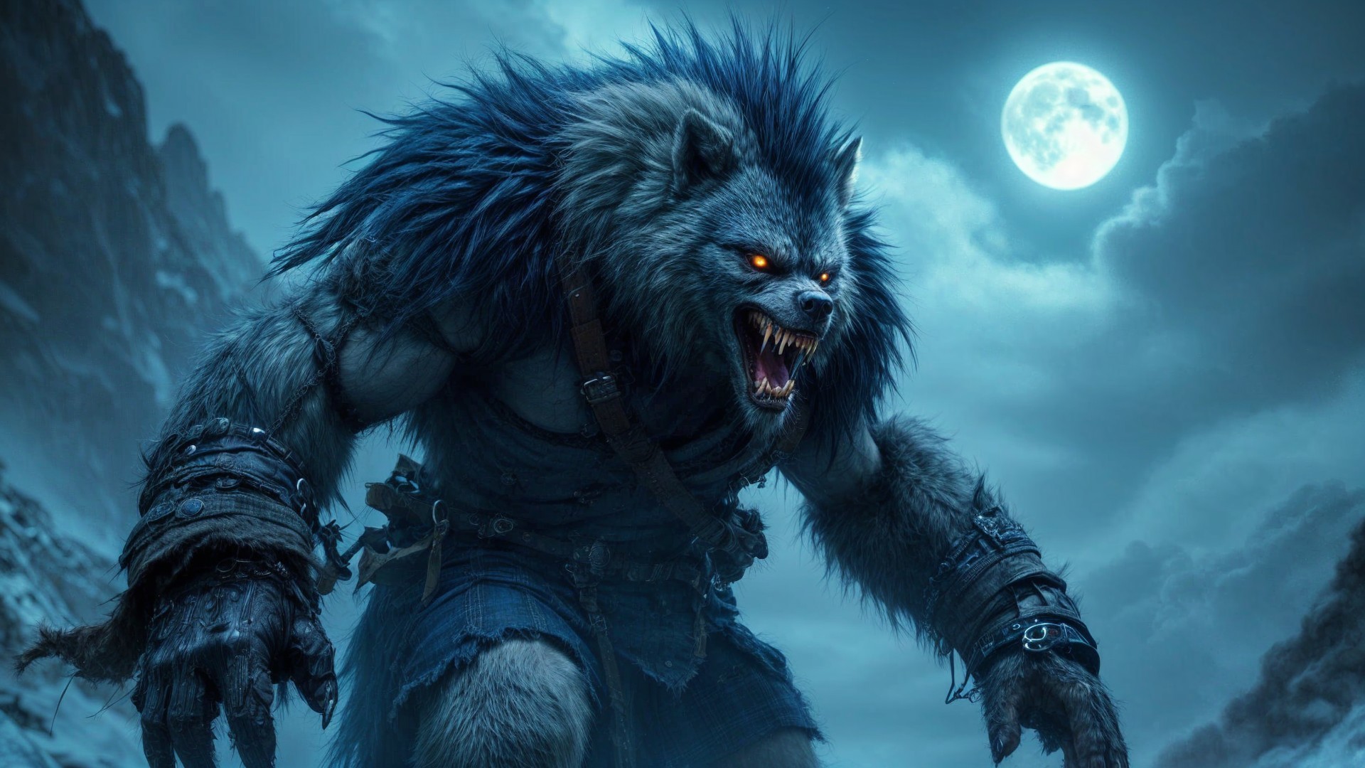 Muscular Wolf-Like Creature Under Full Moon Landscape
