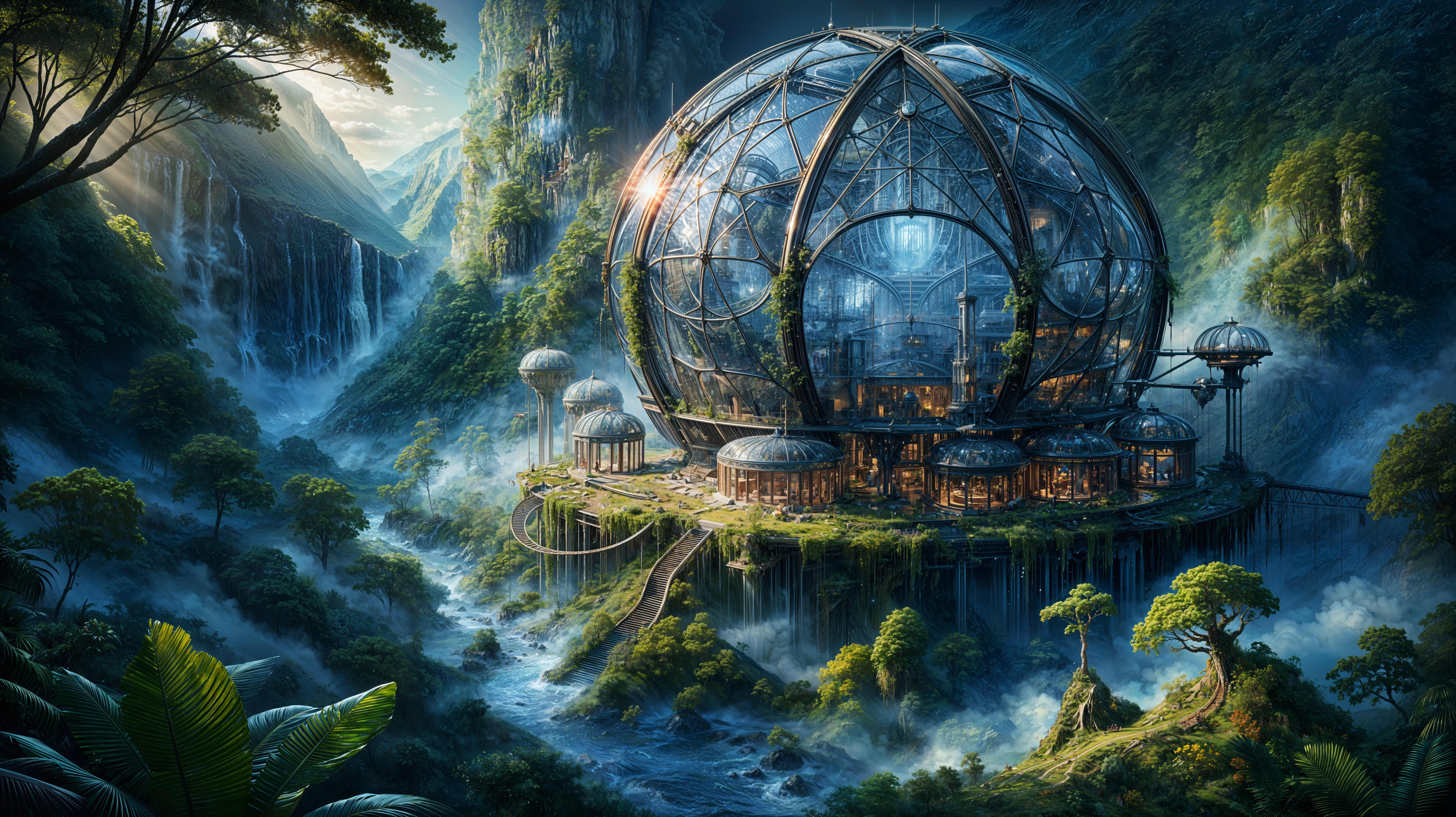 Futuristic Glass-Domed Structure on Green Hillside