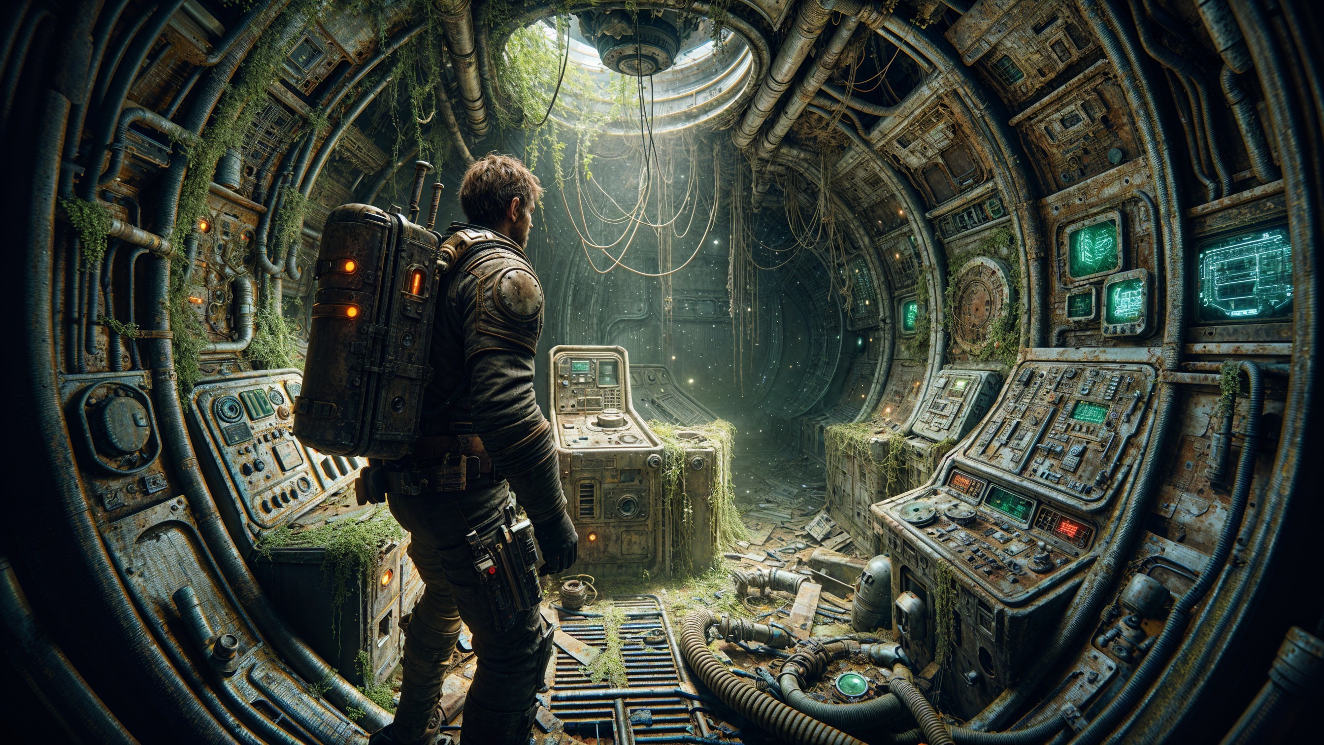 Futuristic Overgrown Control Room with Eerie Decay