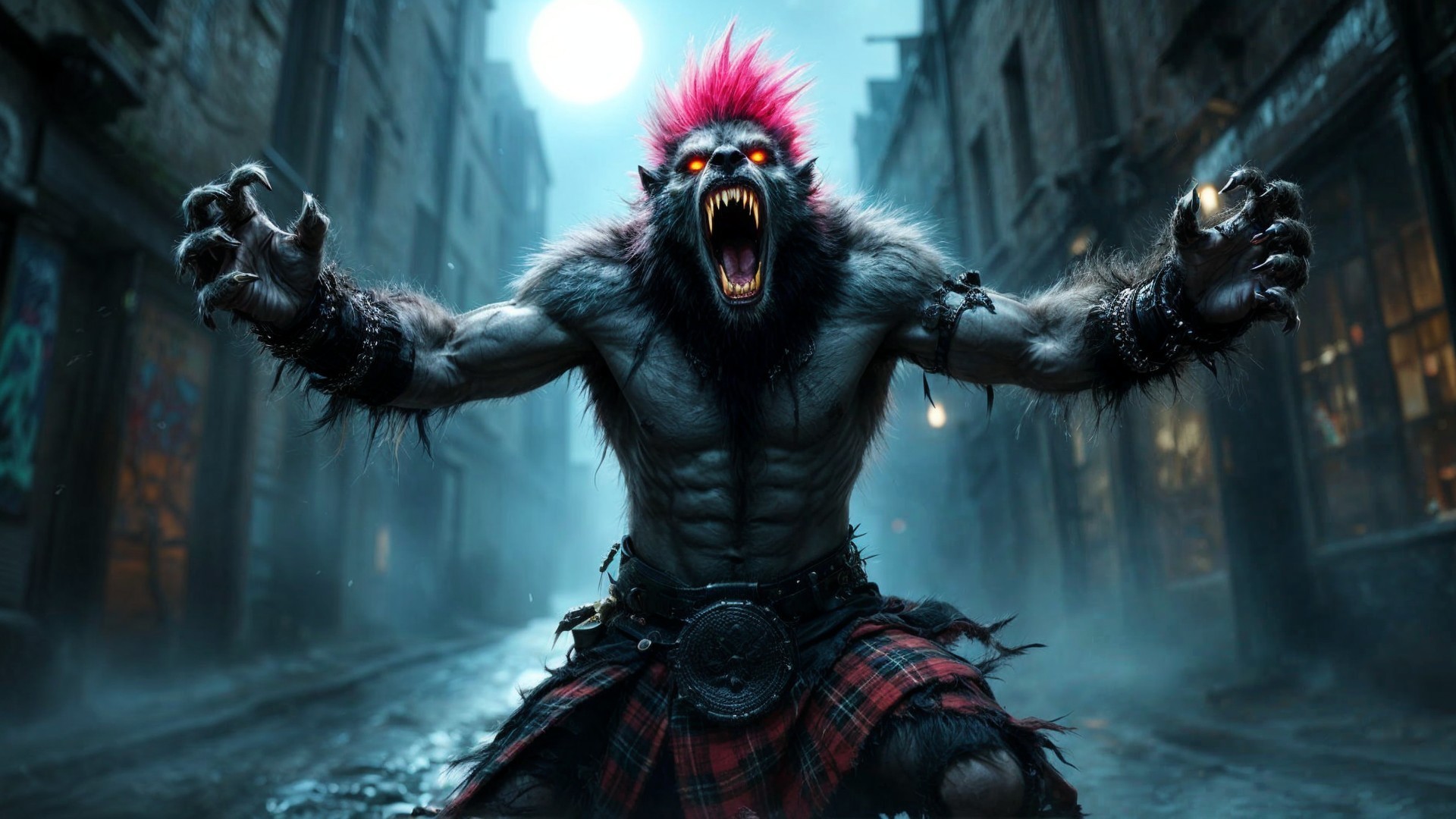 Menacing Creature in Eerie Alley with Glowing Eyes