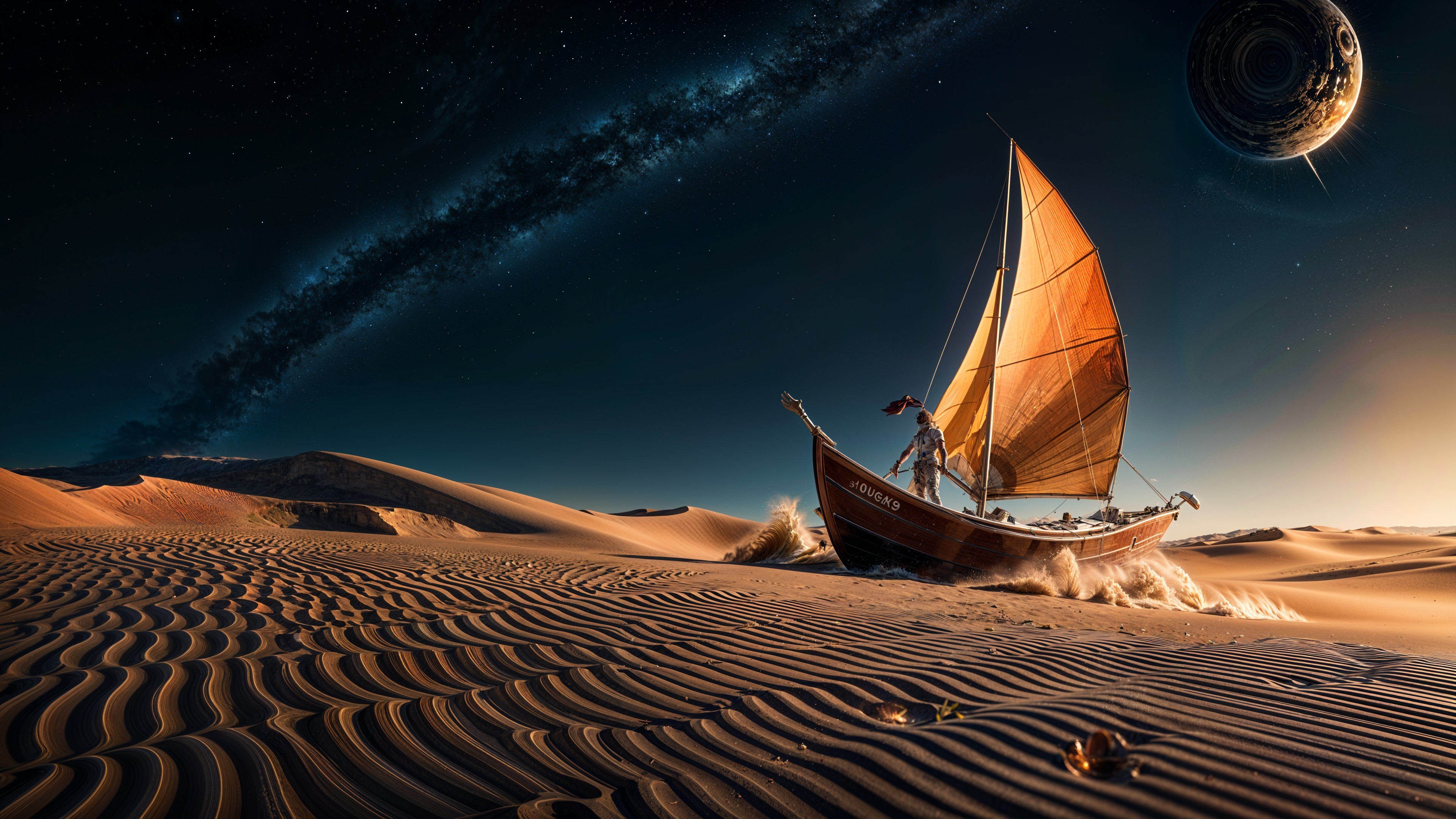 Majestic Boat on Sand Dunes Under Starlit Sky