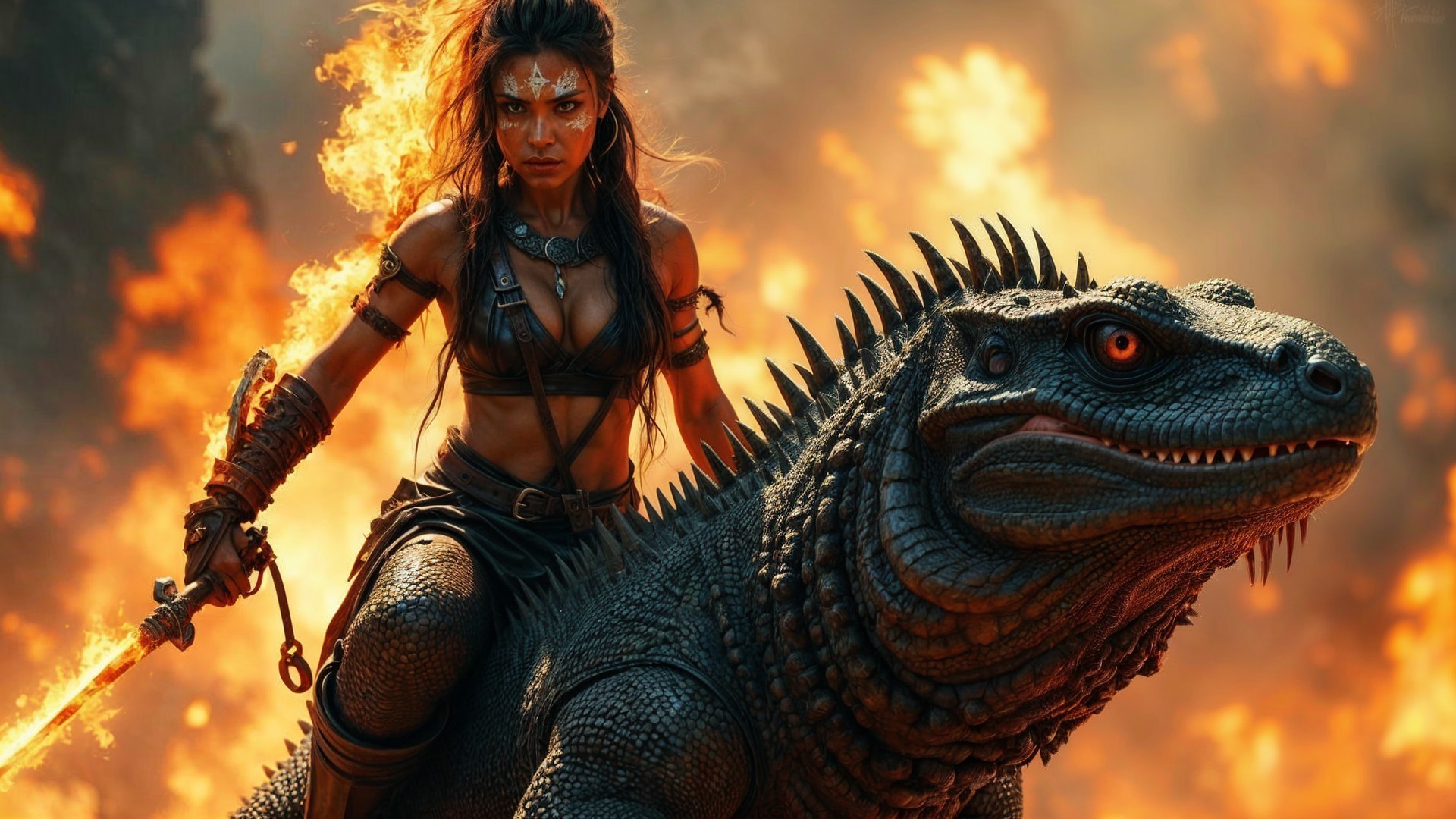 Warrior on Scaled Creature in Fiery Fantasy Scene