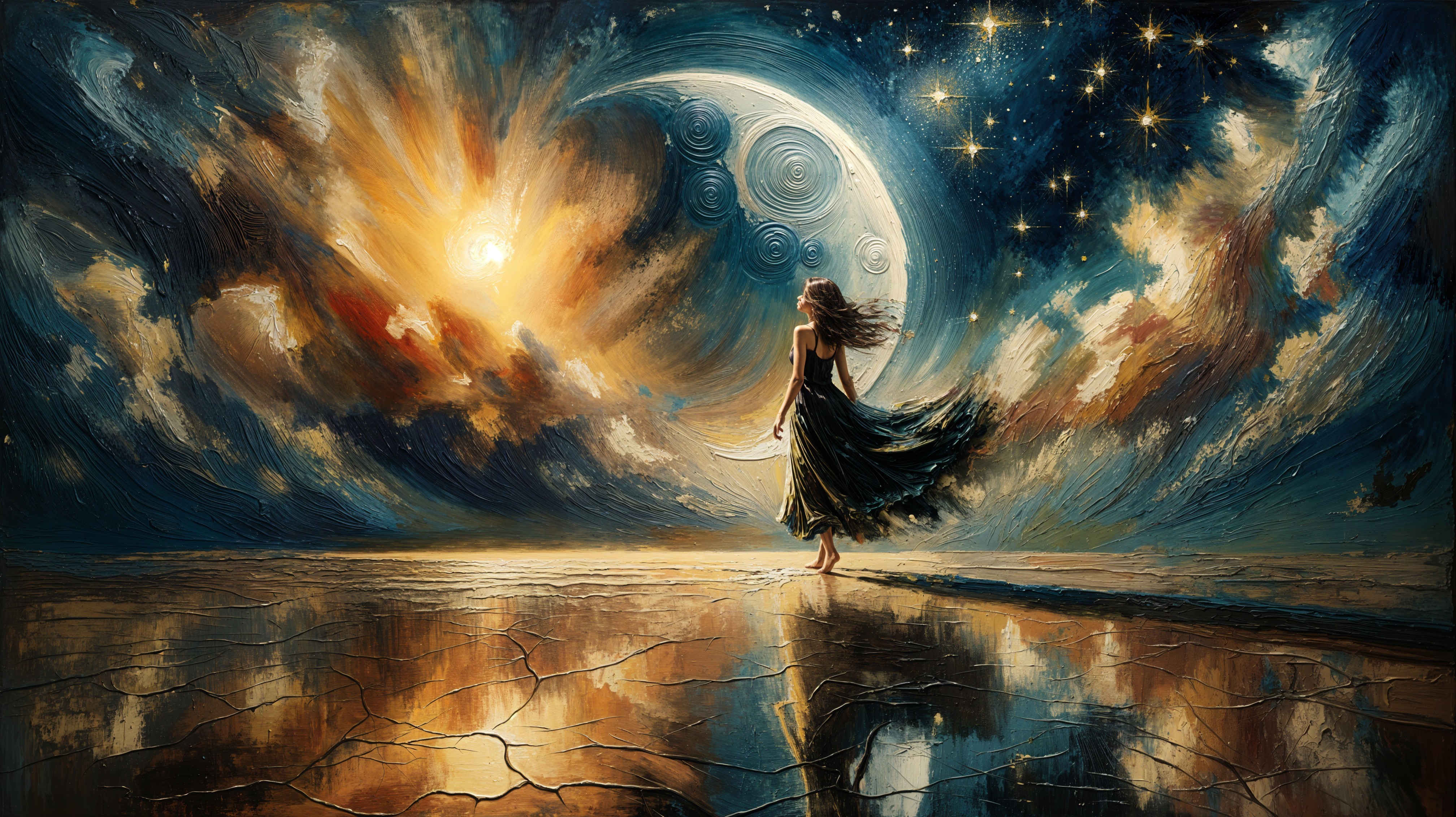 Figure in Dress in Reflective Landscape Under Sky