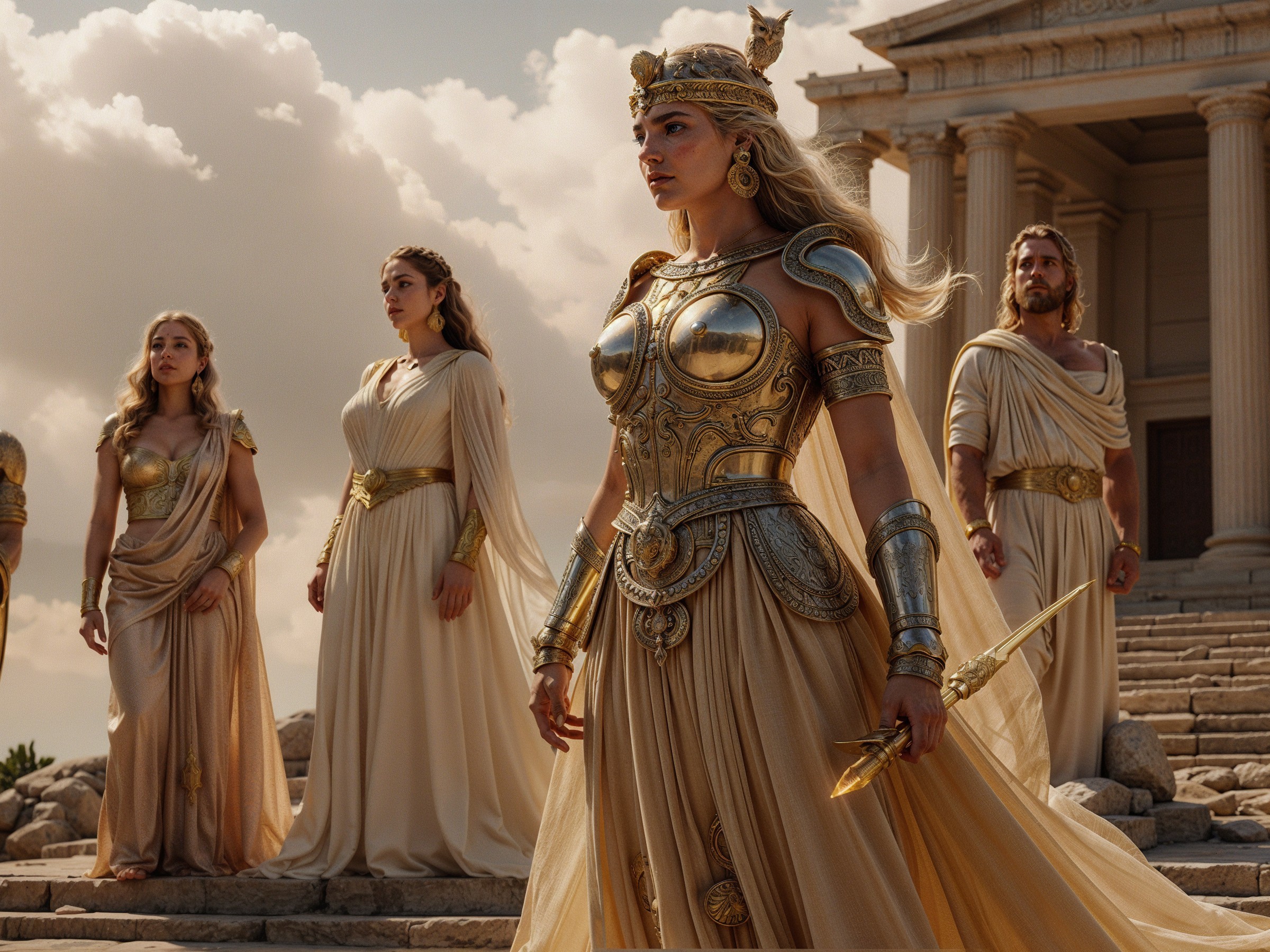 Mythical Warriors on Ancient Stone Steps in Golden Light
