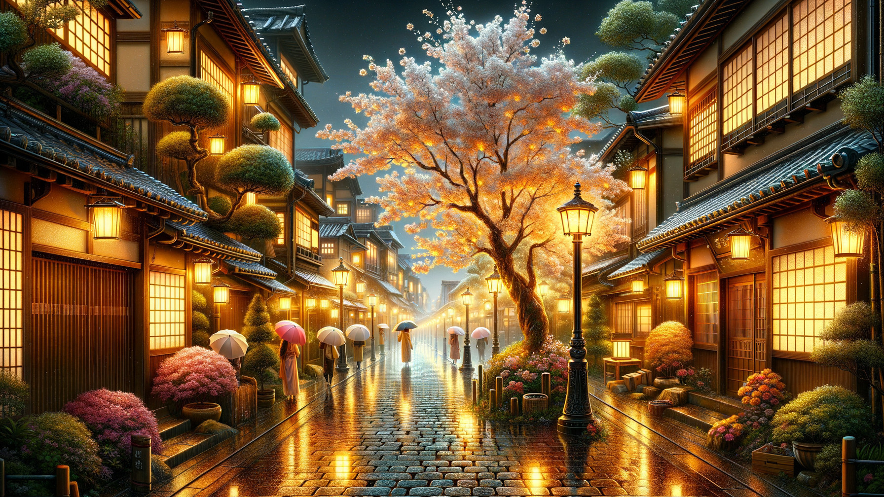 Twilight Streetscape with Japanese Architecture and Cherry Blossoms