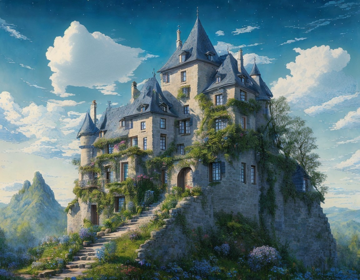 Stone castle with turrets in lush greenery and flowers under blue sky.