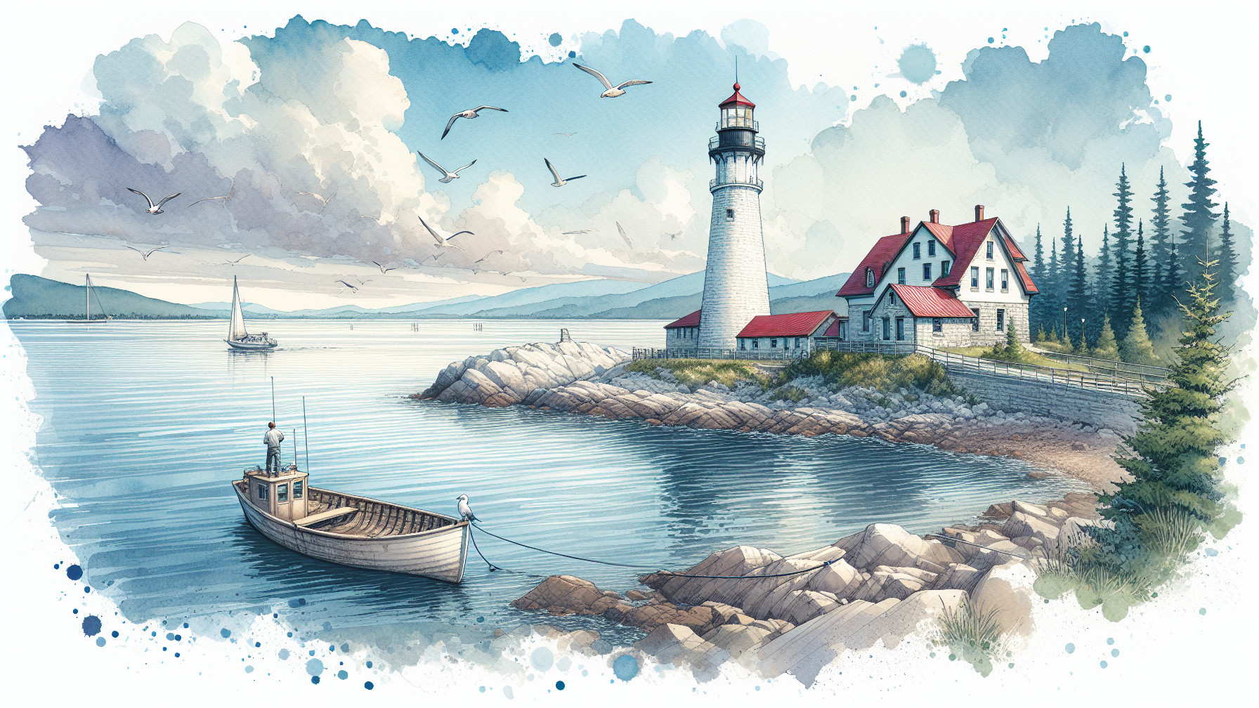 Coastal Scene with Lighthouse and Fishing Boat