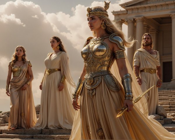 Mythical Warriors on Ancient Stone Steps in Golden Light