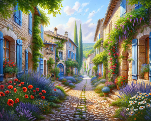 Vibrant European Village Street Scene in Sunlight