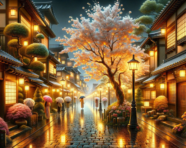 Twilight Streetscape with Japanese Architecture and Cherry Blossoms