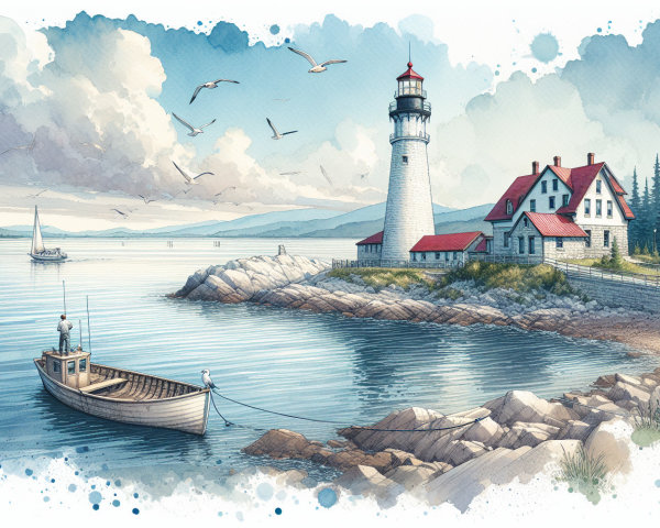 Coastal Scene with Lighthouse and Fishing Boat