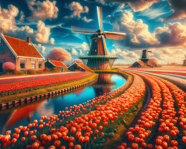 Vibrant Tulip Fields and Dutch Windmills Landscape