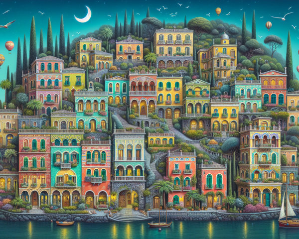 Colorful Cityscape on Hillside at Dusk with Water