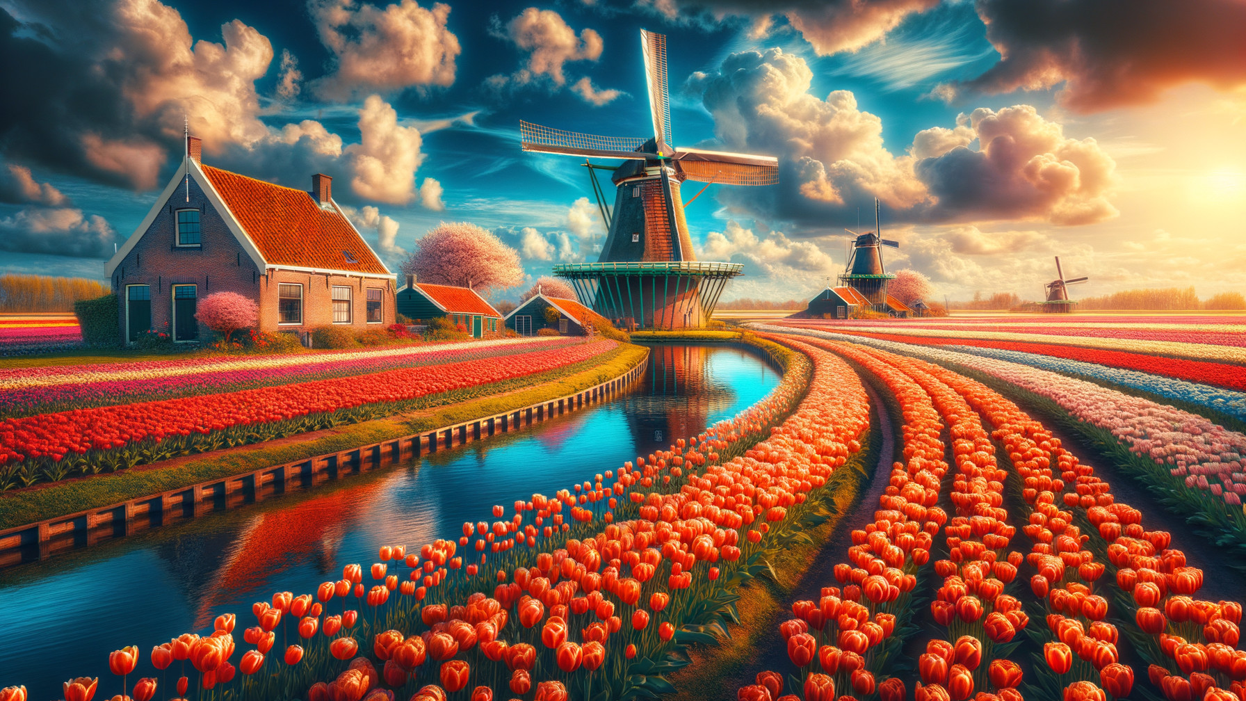 Vibrant Tulip Fields and Dutch Windmills Landscape