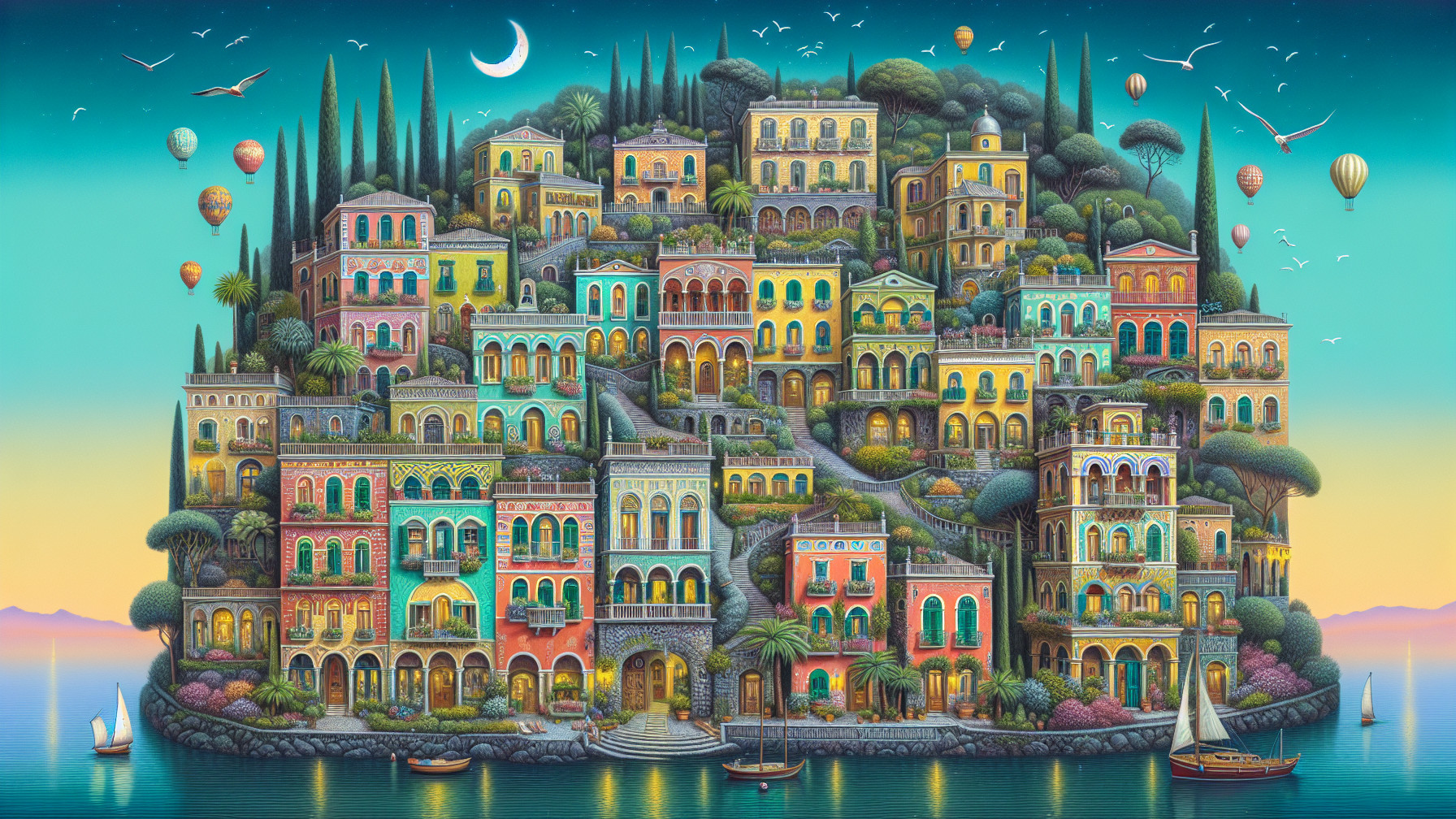 Colorful Cityscape on Hillside at Dusk with Water