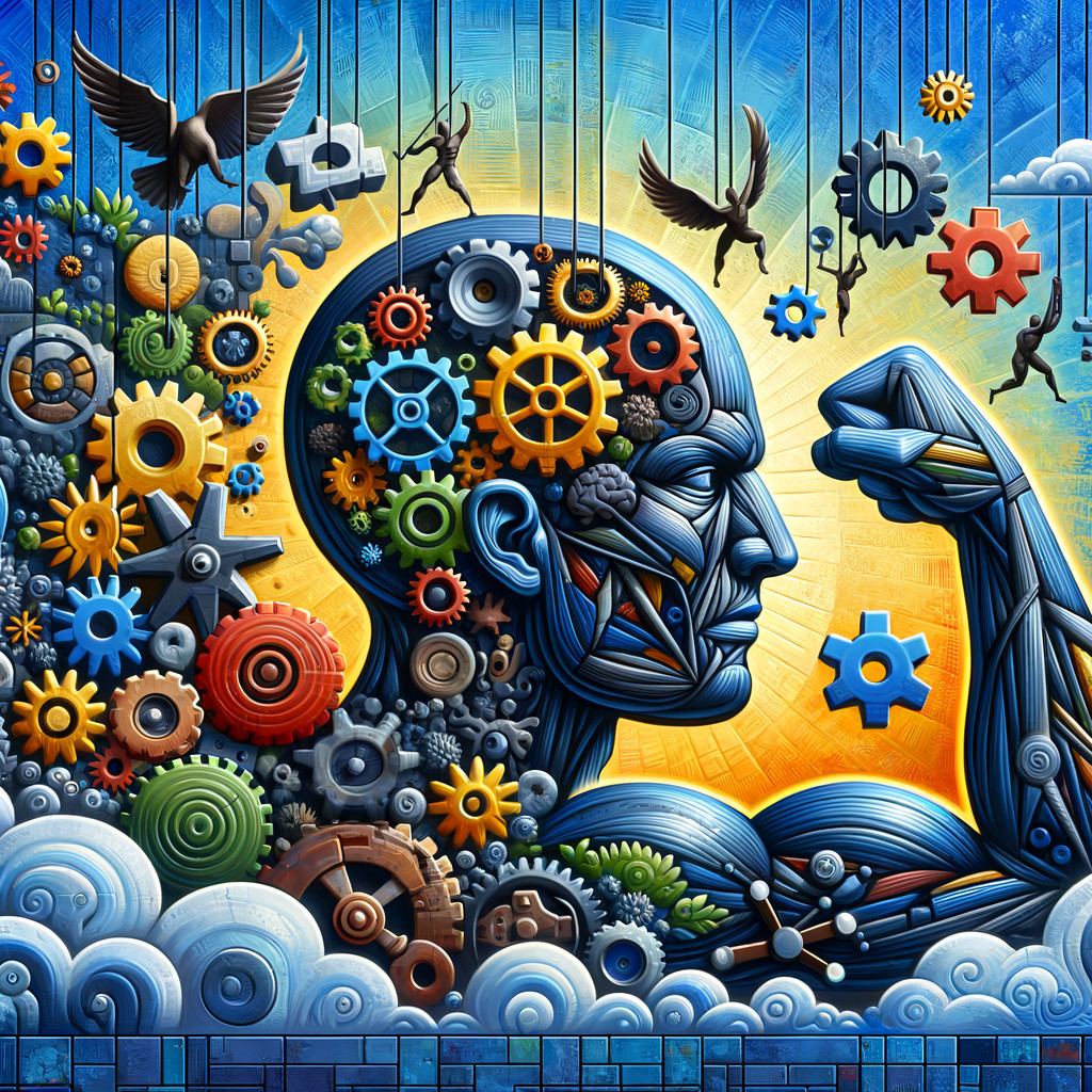 Stylized Human Head with Gears and Flying Figures