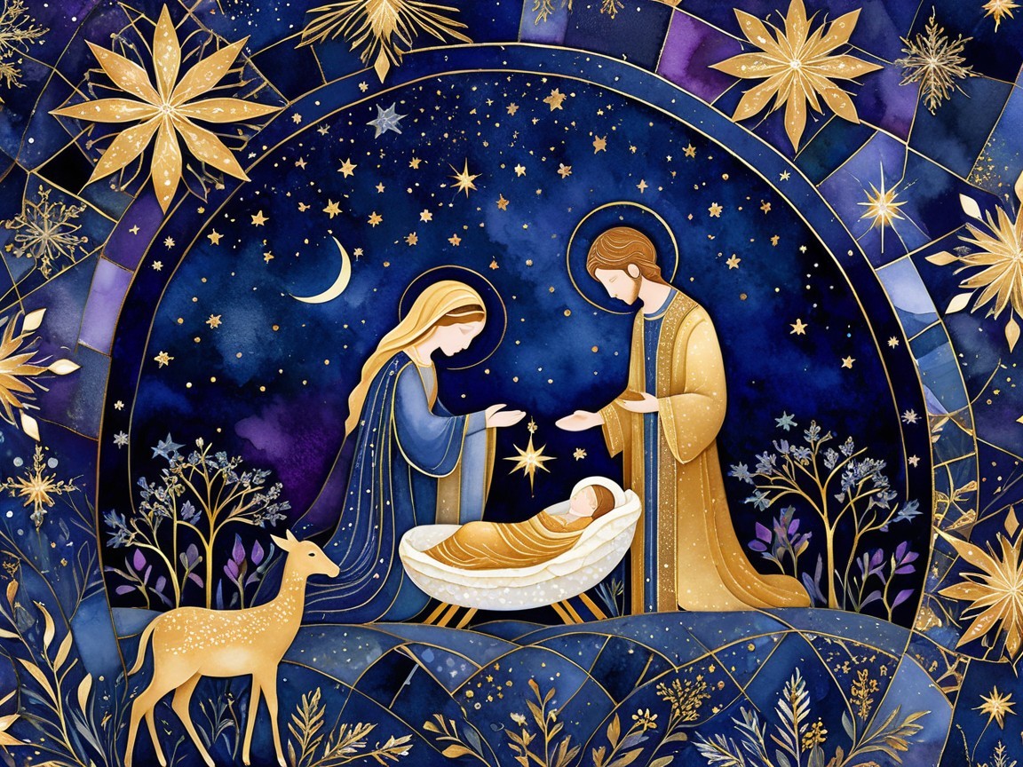 Watercolor Nativity Scene in Stained Glass Frame