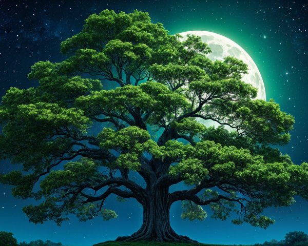 Majestic tree under full moon with starry night sky