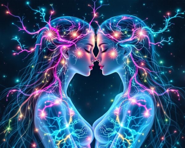 Ethereal figures with vibrant energy patterns in dark backdrop