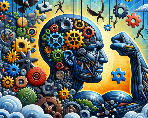 Stylized Human Head with Gears and Flying Figures