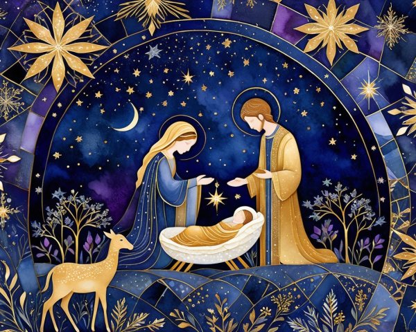 Watercolor Nativity Scene in Stained Glass Frame