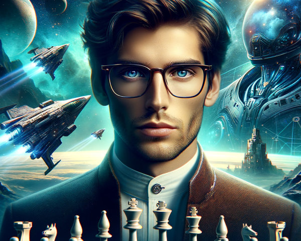 Young man with blue eyes in cosmic chess scene