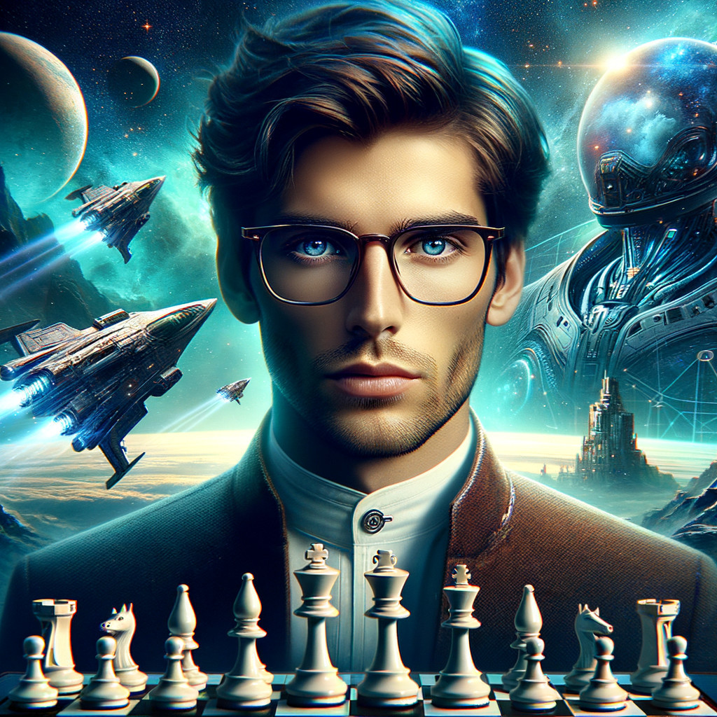 Young man with blue eyes in cosmic chess scene