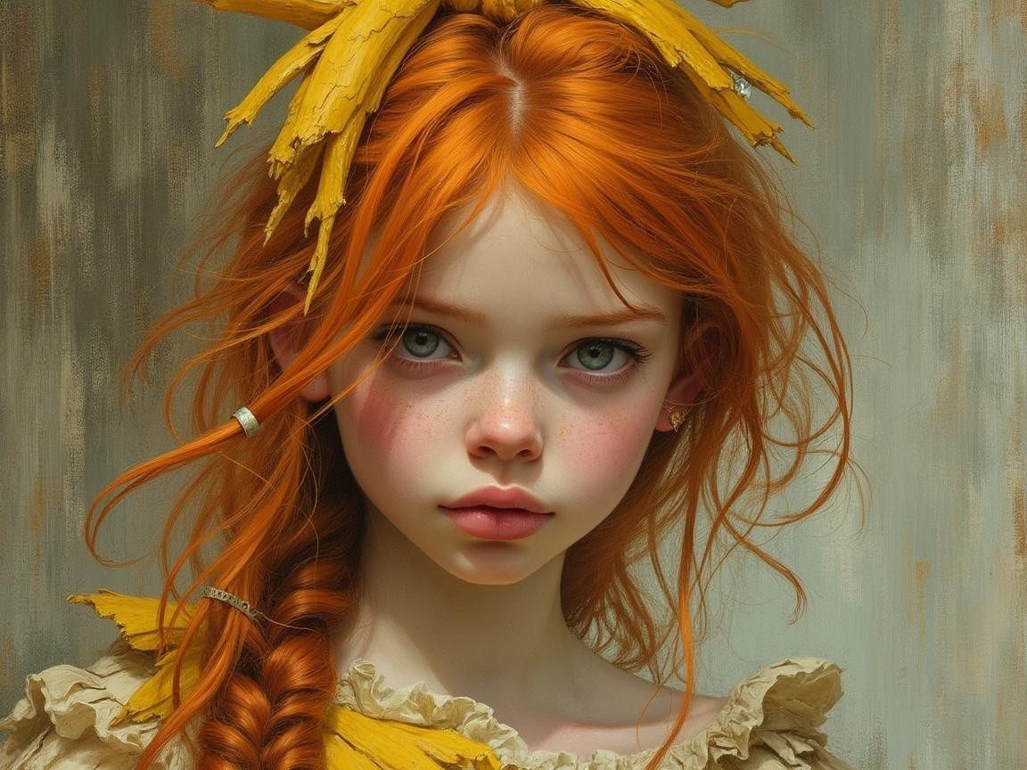 Young girl with orange hair and yellow leaves attire