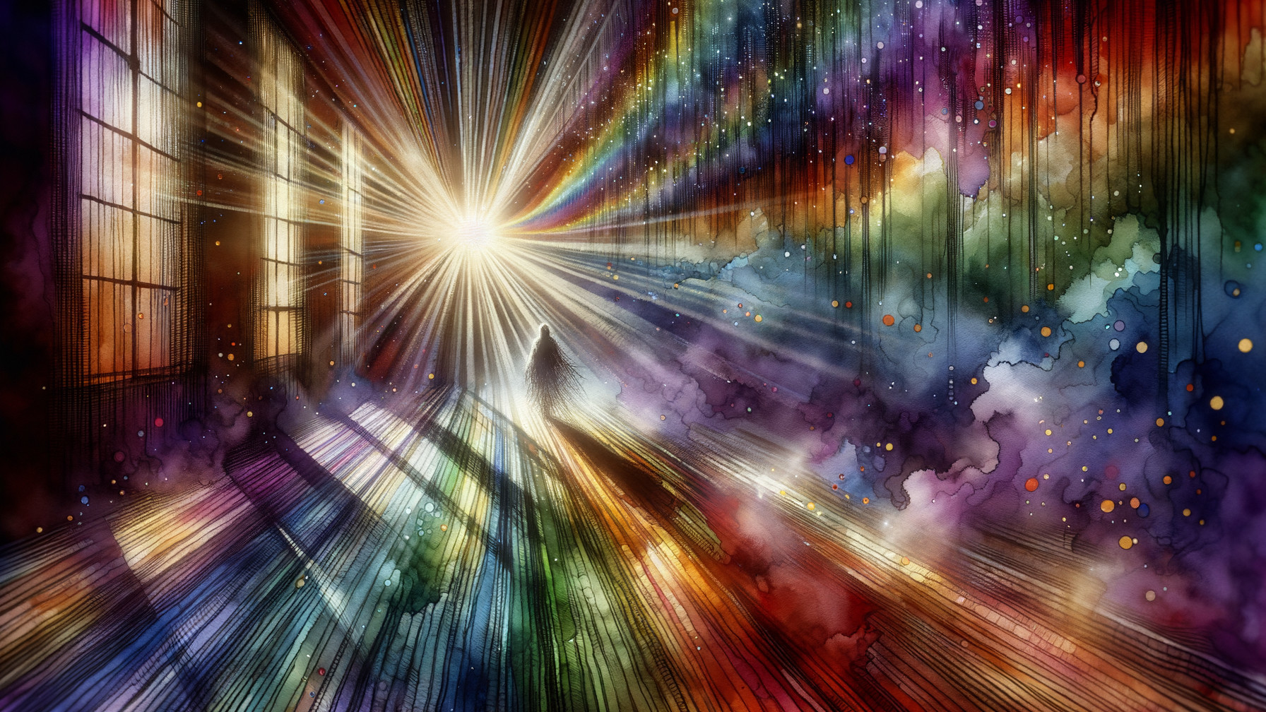 Vibrant Ethereal Scene with Colorful Light Beams