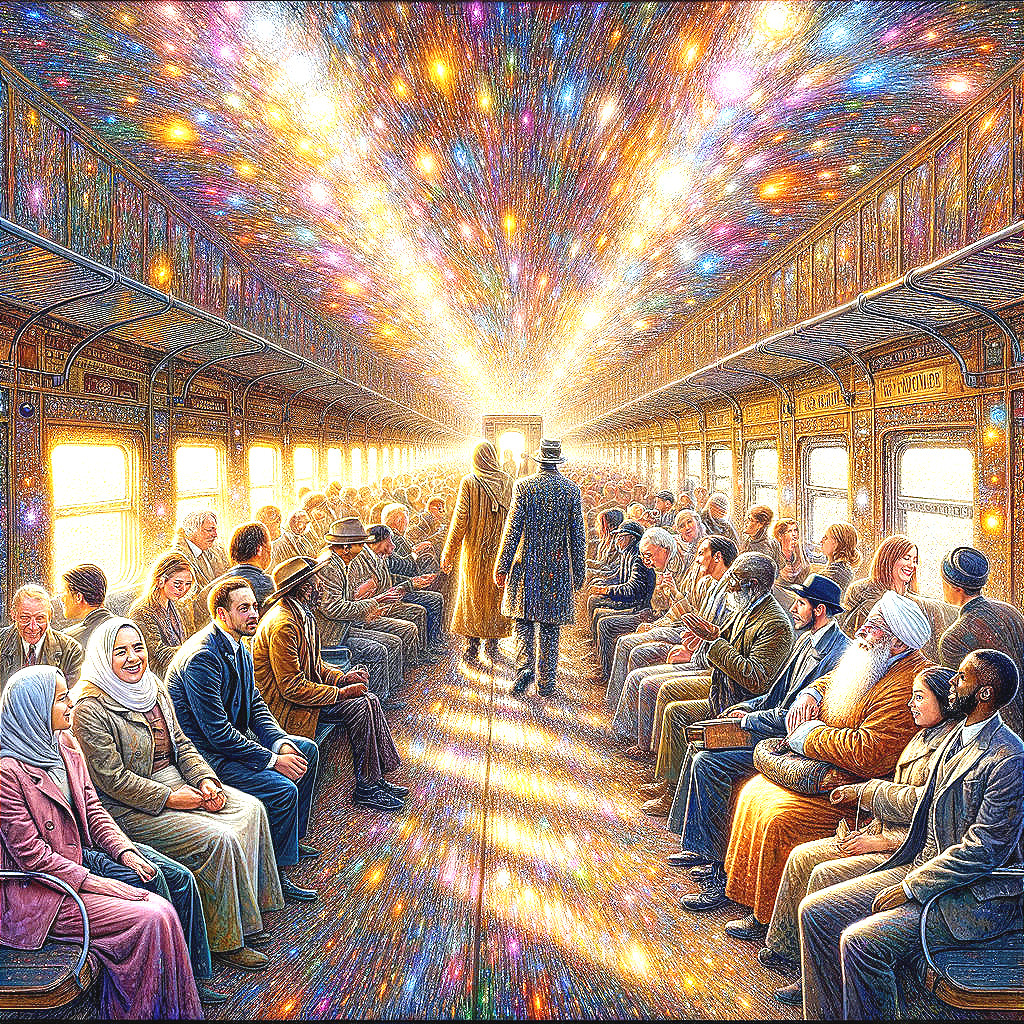 Vibrant Train Interior with Diverse Passengers and Glow