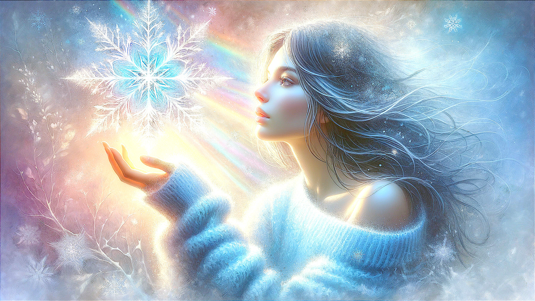 Ethereal Woman with Snowflakes and Icy Hair